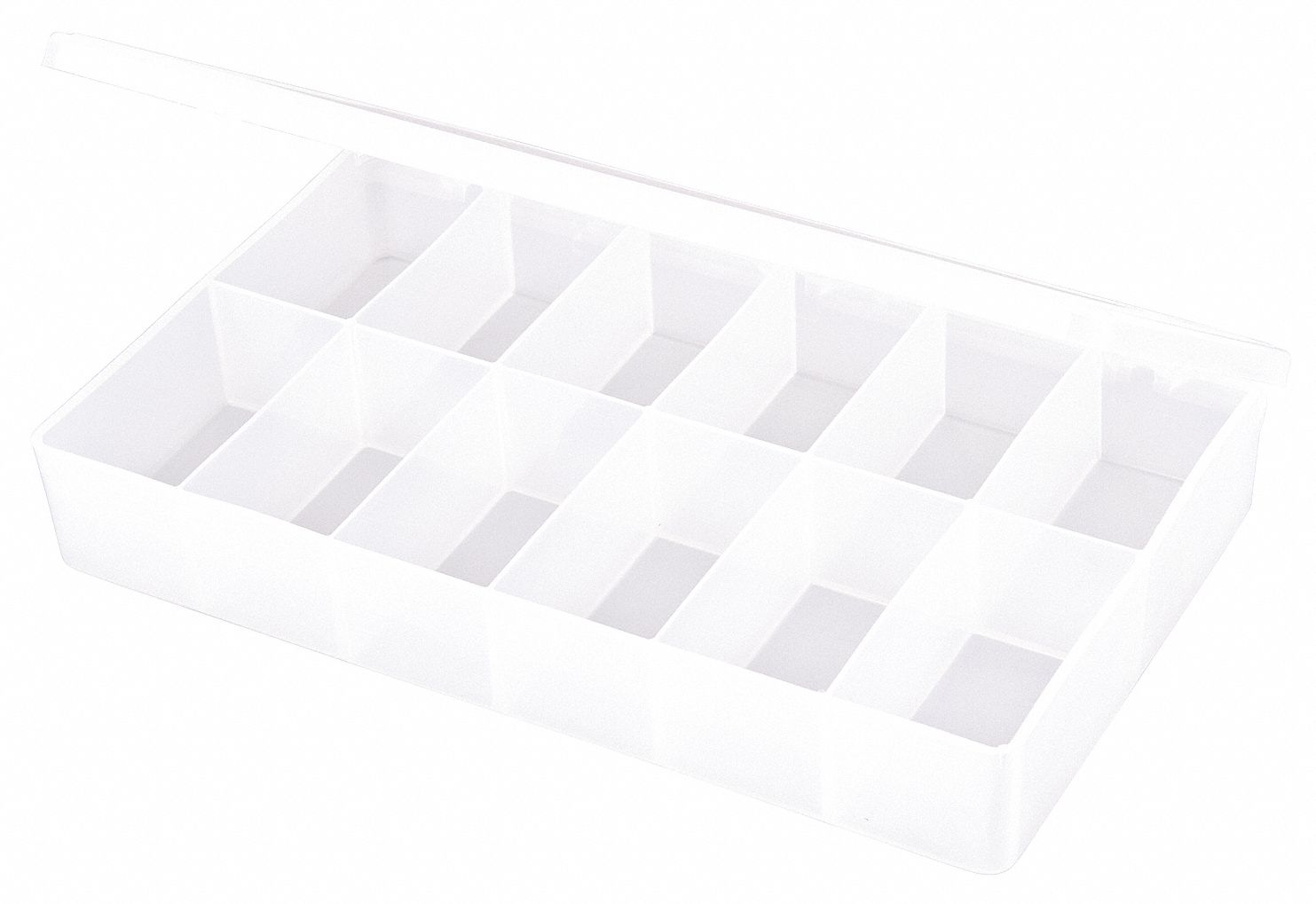 COMPARTMENT BOX, 6½ IN X 10¾ IN X 1¾ IN, CLEAR, 12 COMPARTMENTS, 0 ADJUSTABLE DIVIDERS