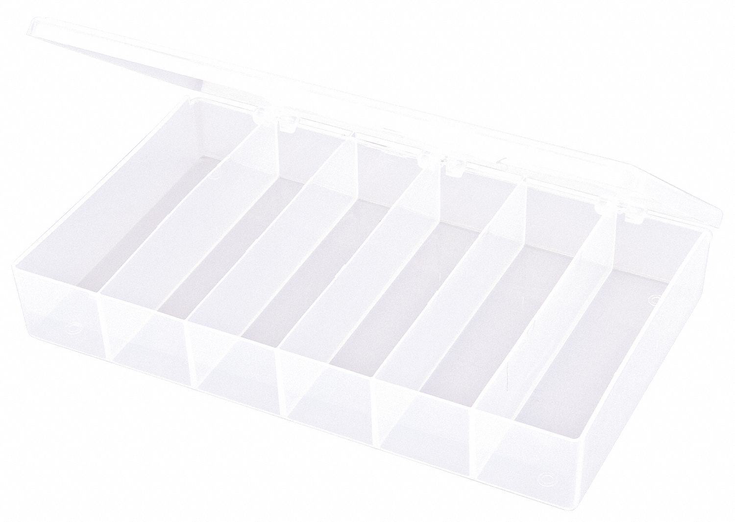 COMPARTMENT BOX, 6½ IN X 10¾ IN X 1¾ IN, CLEAR, 6 COMPARTMENTS, 0 ADJUSTABLE DIVIDERS