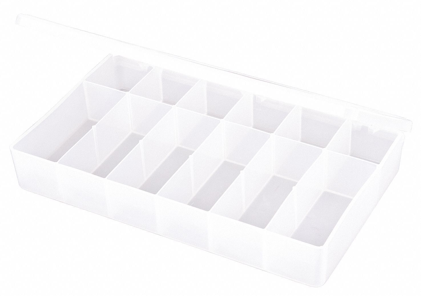 COMPARTMENT BOX, 6½ IN X 10¾ IN X 1¾ IN, CLEAR, 12 COMPARTMENTS, 0 ADJUSTABLE DIVIDERS