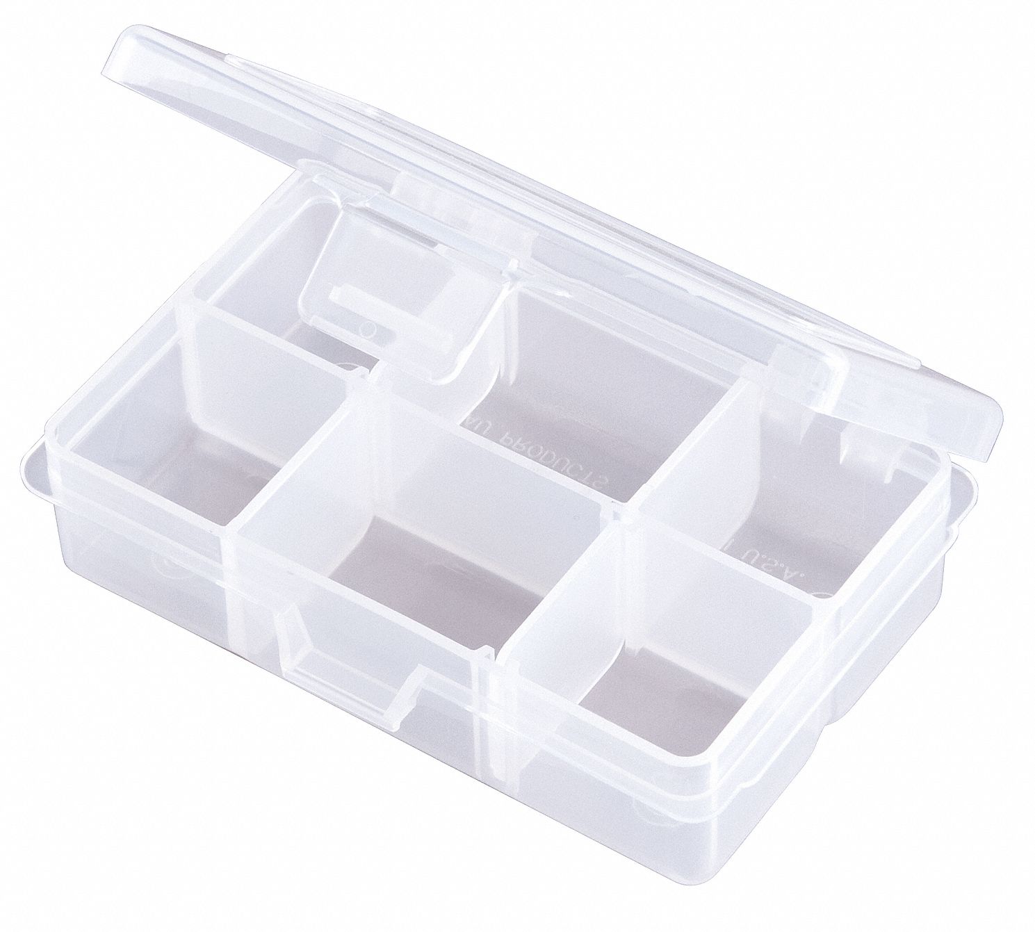 ADJUSTABLE COMPARTMENT BOX, 3⅜ IN X 4⅝ IN X 1⅜ IN, CLEAR, 6 COMPARTMENTS, LATCH
