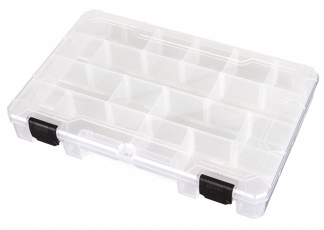 ADJUSTABLE COMPARTMENT BOX, 7¼ IN X 11 IN X 1¾ IN, CLEAR, 16 COMPARTMENTS, LATCH