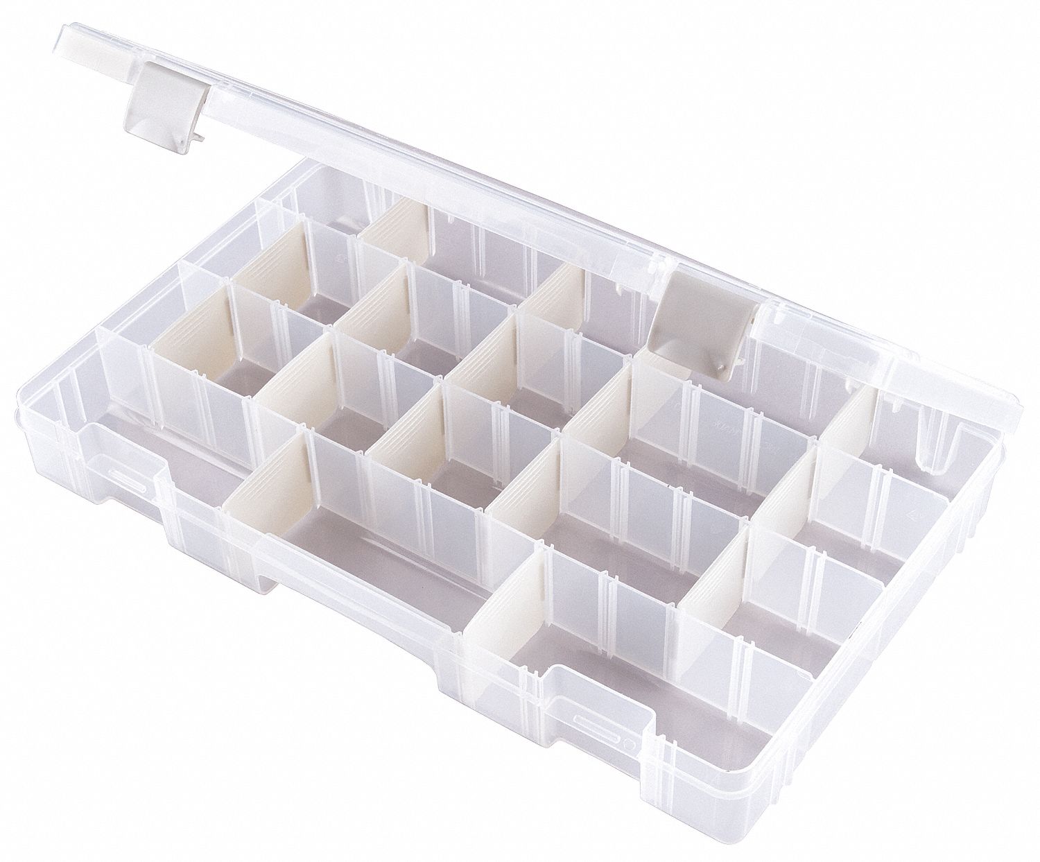 ADJUSTABLE COMPARTMENT BOX, 9⅛ IN X 14¼ IN X 2 IN, CLEAR, 22 COMPARTMENTS