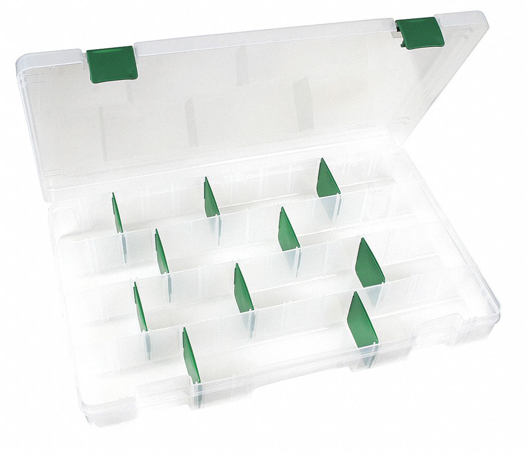 ADJUSTABLE COMPARTMENT BOX, 9⅛ IN X 14¼ IN X 2 IN, CLEAR, 22 COMPARTMENTS