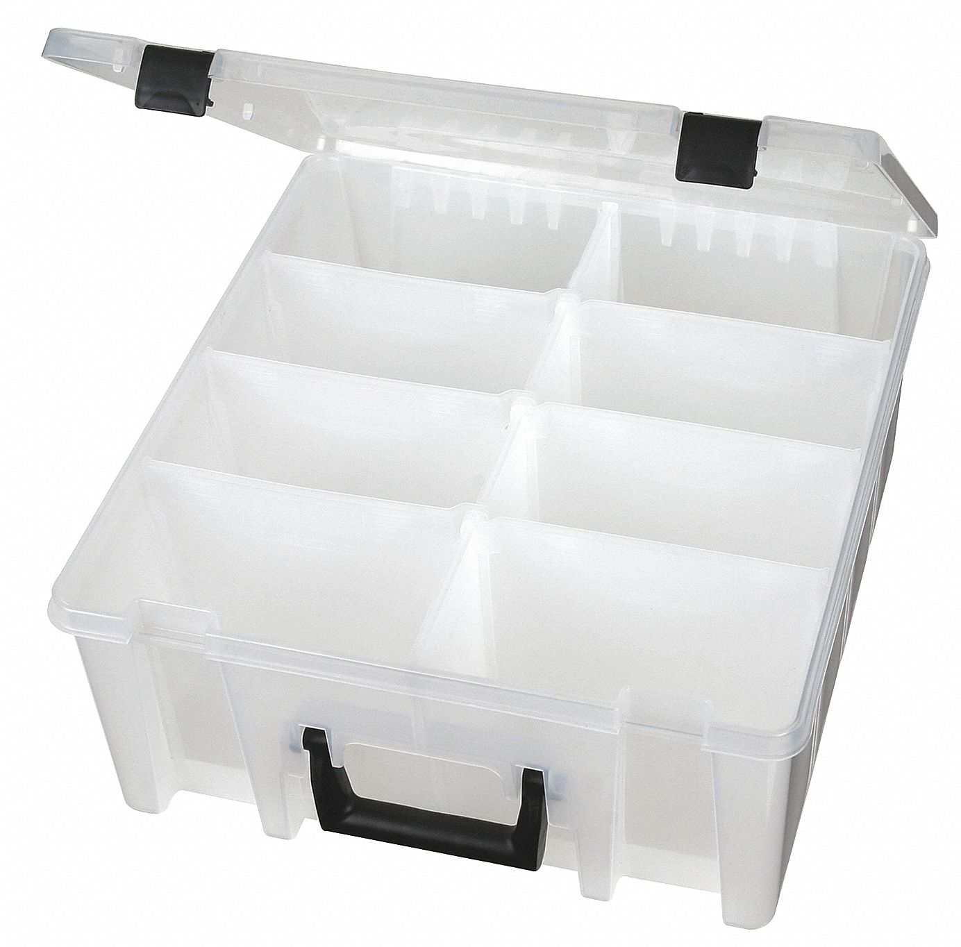 ADJUSTABLE COMPARTMENT BOX, 15¼ IN X 14⅛ IN X 6¼ IN, CLEAR, 8 COMPARTMENTS