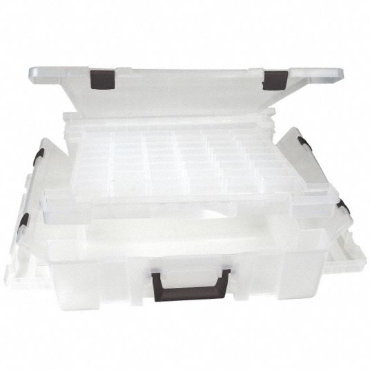 FLAMBEAU Adjustable Compartment Box: 16 3/4 in x 5 in, Clear, 106 ...