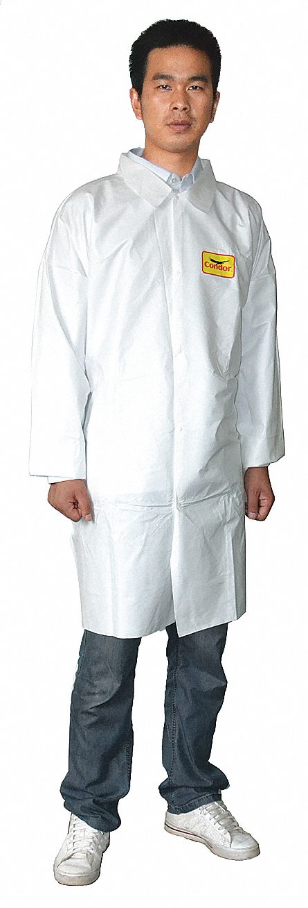 DISPOSABLE LAB COAT, MICROPOROUS FILM LAMINATE, MANDARIN COLLAR, BUTTON, WHT, 30 PKM