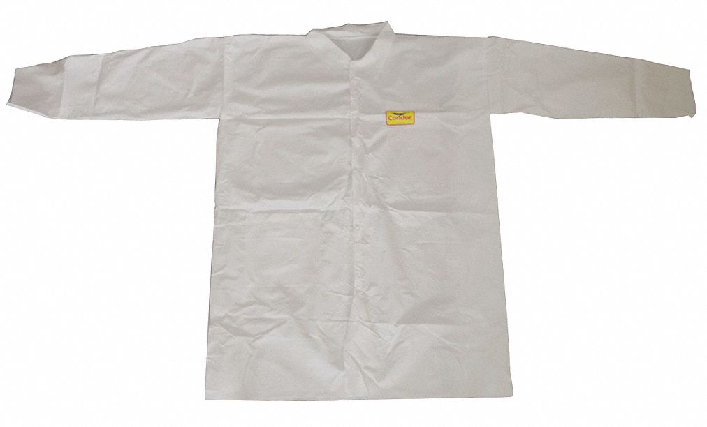 DISPOSABLE LAB COAT, MICROPOROUS LAMINATE, MANDARIN COLLAR, BUTTON, WHITE, 30 PK, 2XL