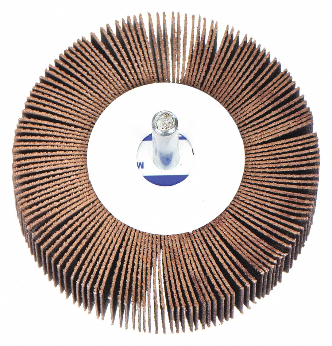 FLAP WHEEL, 6 IN DIAMETER X 1&frac12; IN W, 1 IN ARBOUR, ALUMINUM OXIDE, P120 GRIT, X WEIGHT COTTON, R369