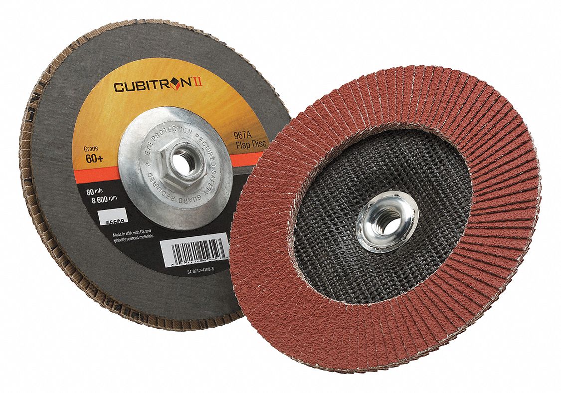 Flap Disc: Type 27, 7" x 5/8"-11, Ceramic, 60 Grit, Fiberglass Bk, Std Density, 967A