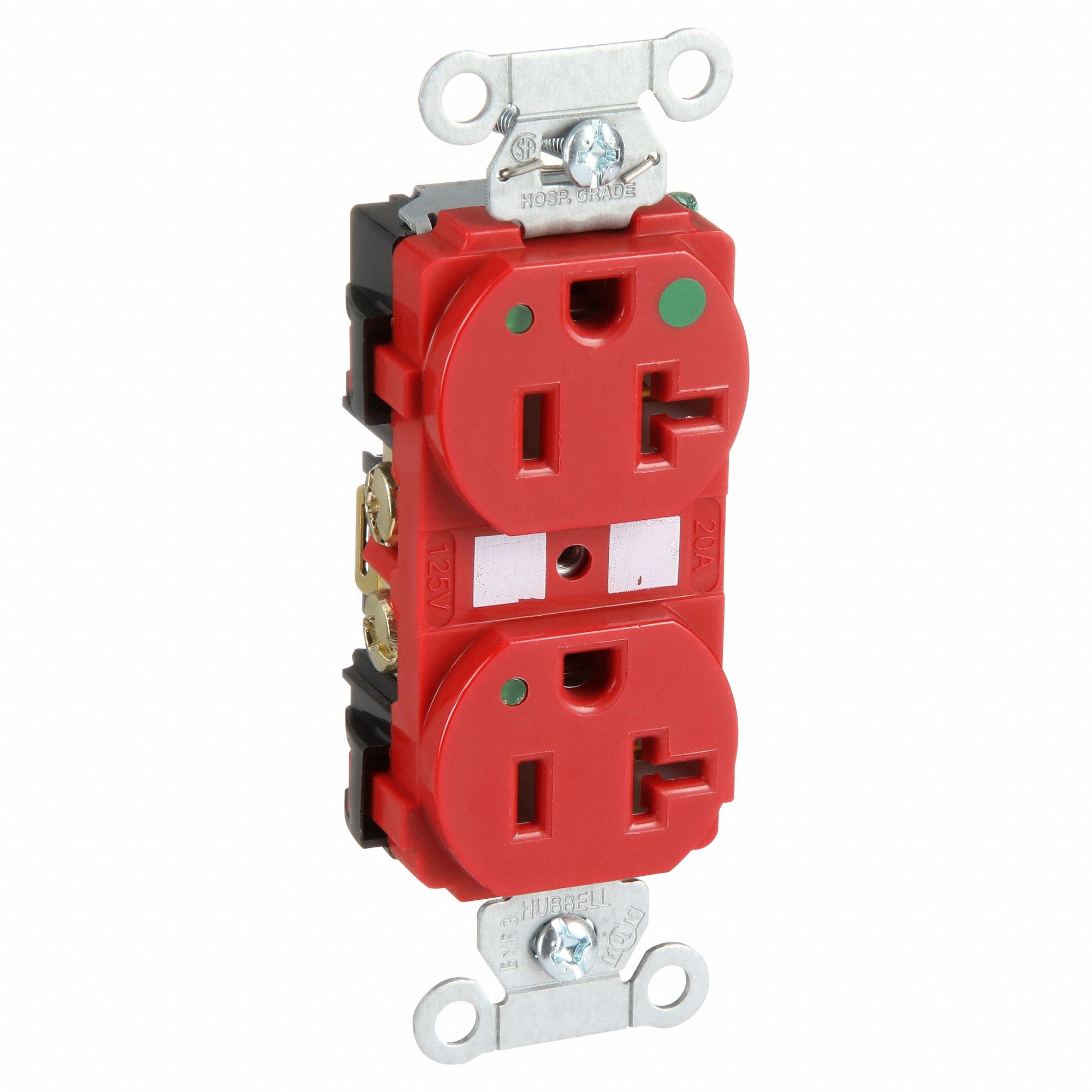 R&Eacute;CIPIENT, PRISE DOUBLE, 2 P&Ocirc;LES/3 FILS, NYLON, LAITON, 125 V CA, 20 A, BORNES &Agrave; VIS, 5-20R, 1 CV, 10 AWG, ROUGE