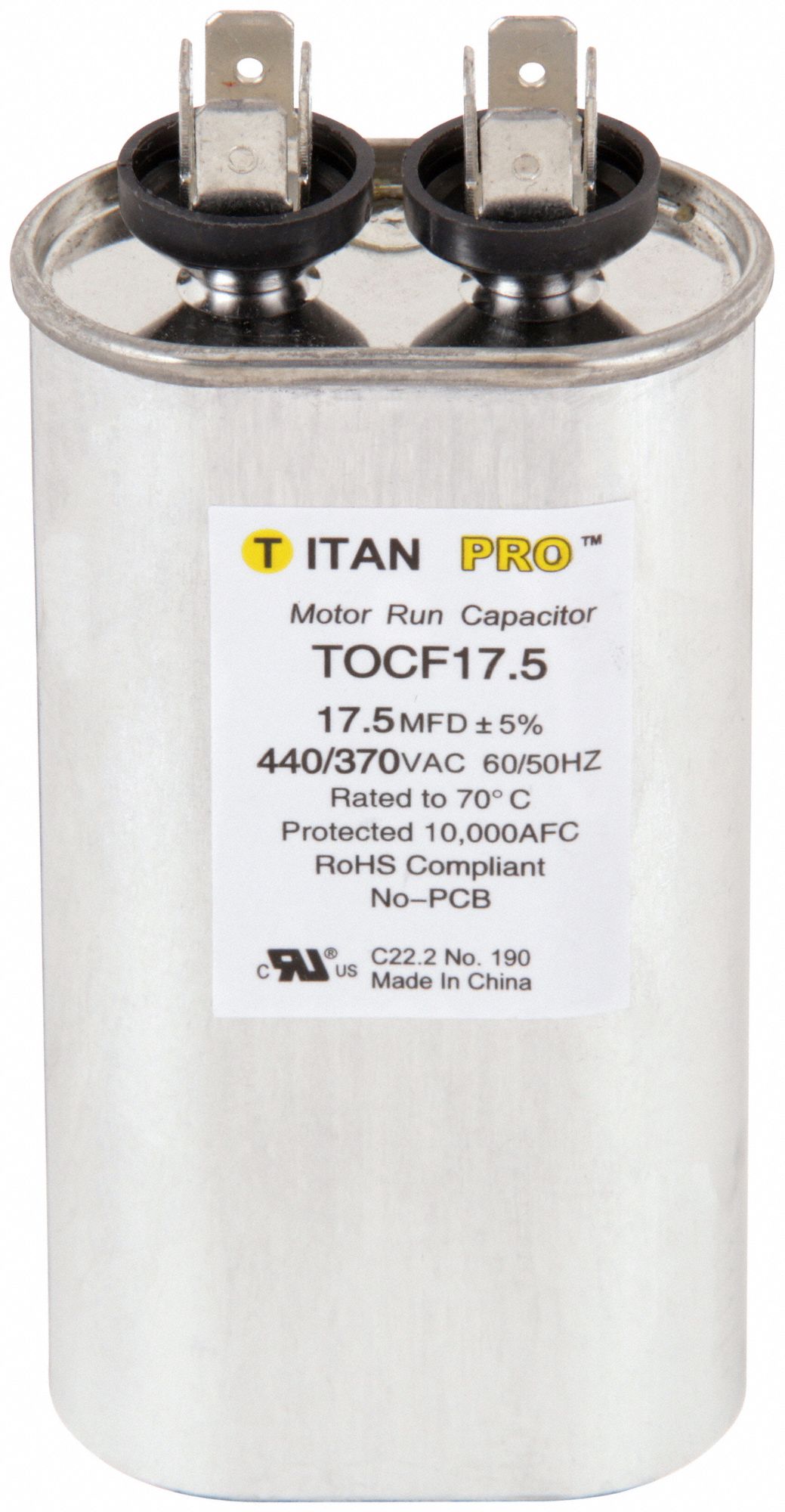 Motor Run Capacitor: Oval, 440/370V AC, 17.5 MFD, 3 3/4 in Overall Ht, -40°C Op Temp - Min