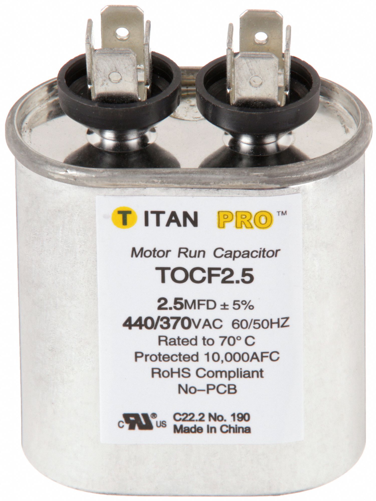 MOTOR RUN CAPACITOR,2.5 MFD,2-3/4 IN. H