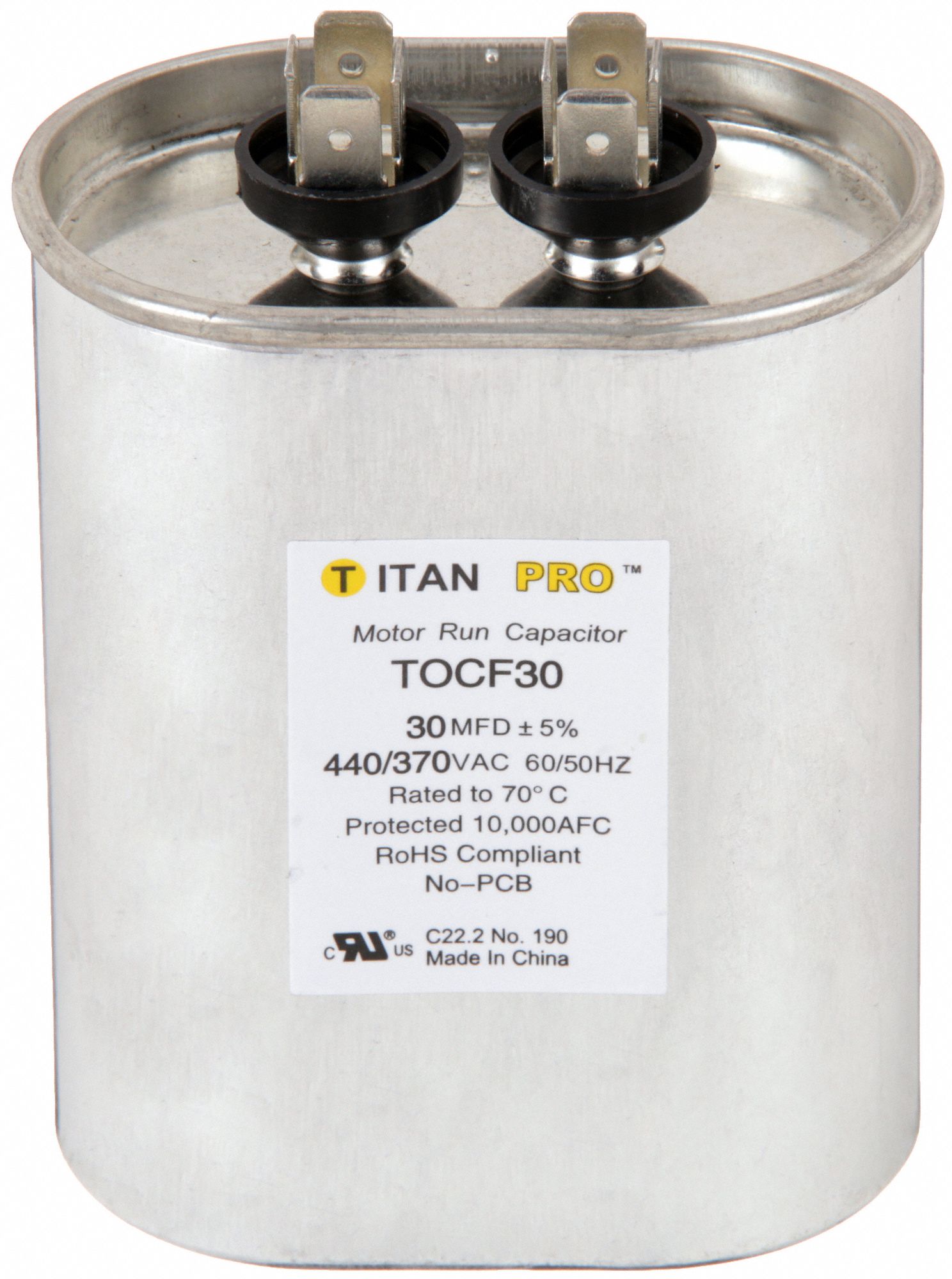 Motor Run Capacitor: Oval, 440/370V AC, 30 MFD, 4 in Overall Ht, -40°C Op Temp - Min