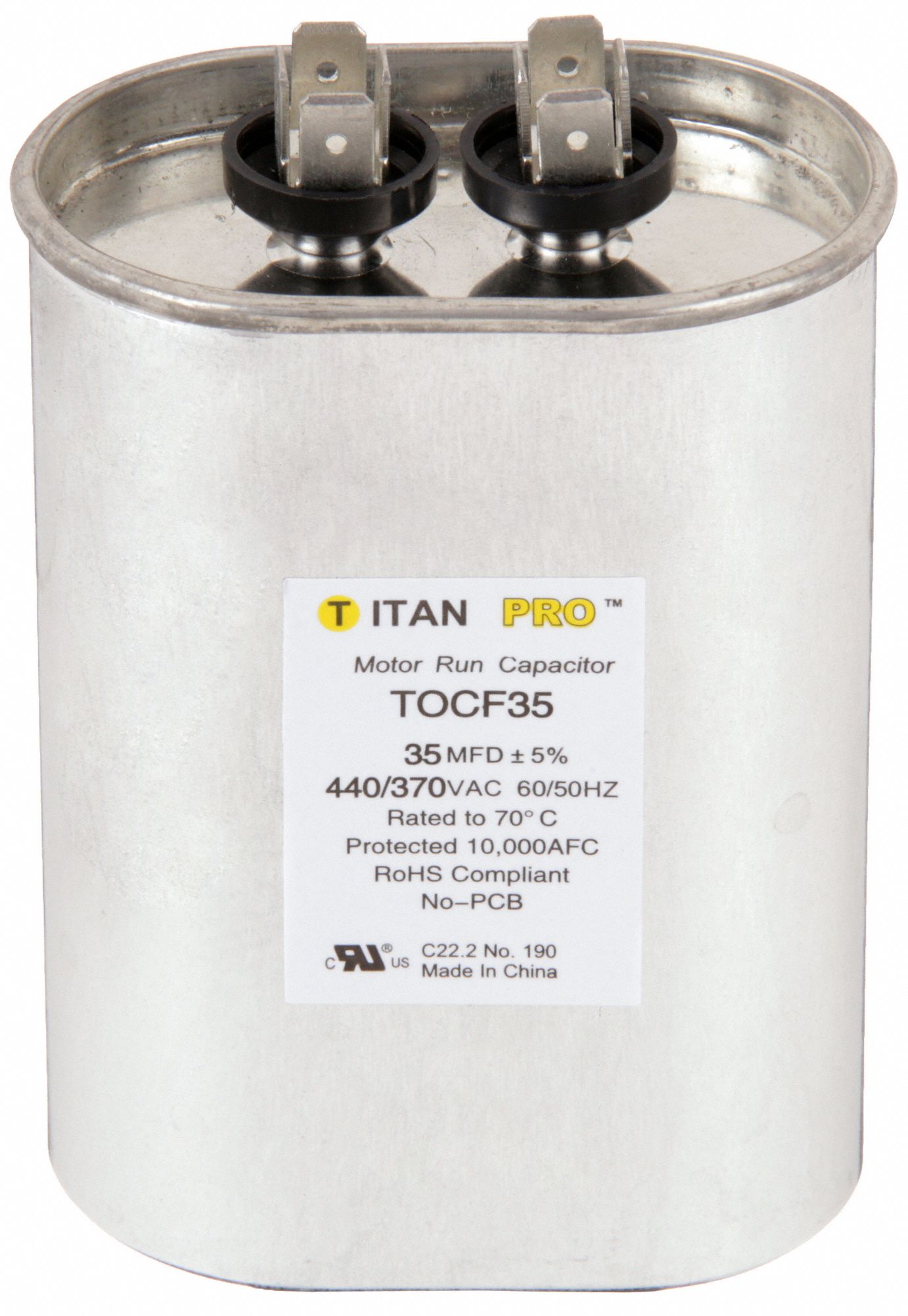 Motor Run Capacitor: Oval, 440/370V AC, 35 MFD, 4 3/8 in Overall Ht, -40°C Op Temp - Min