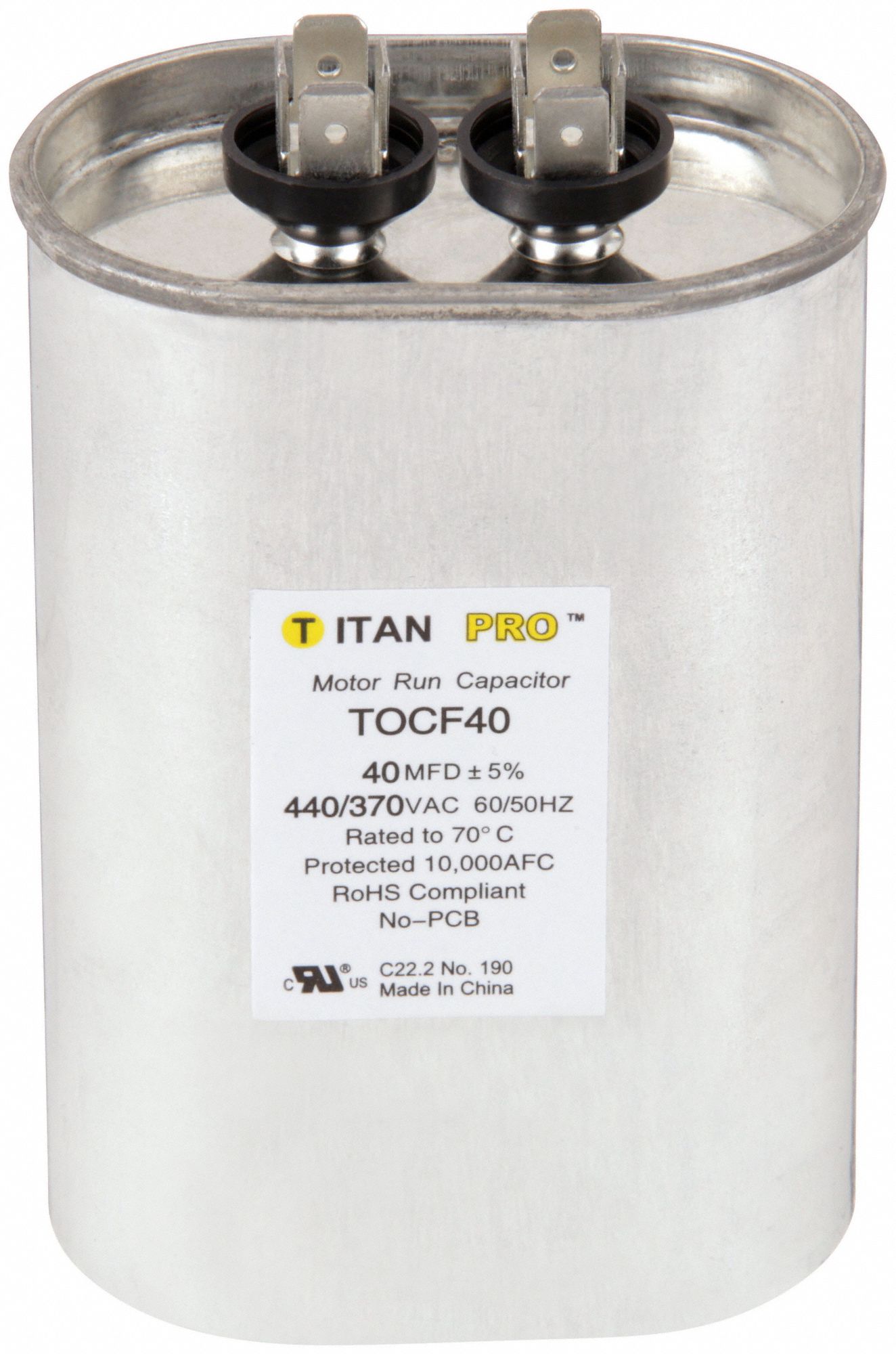 Motor Run Capacitor: Oval, 440/370V AC, 40 MFD, 4 5/8 in Overall Ht, -40°C Op Temp - Min