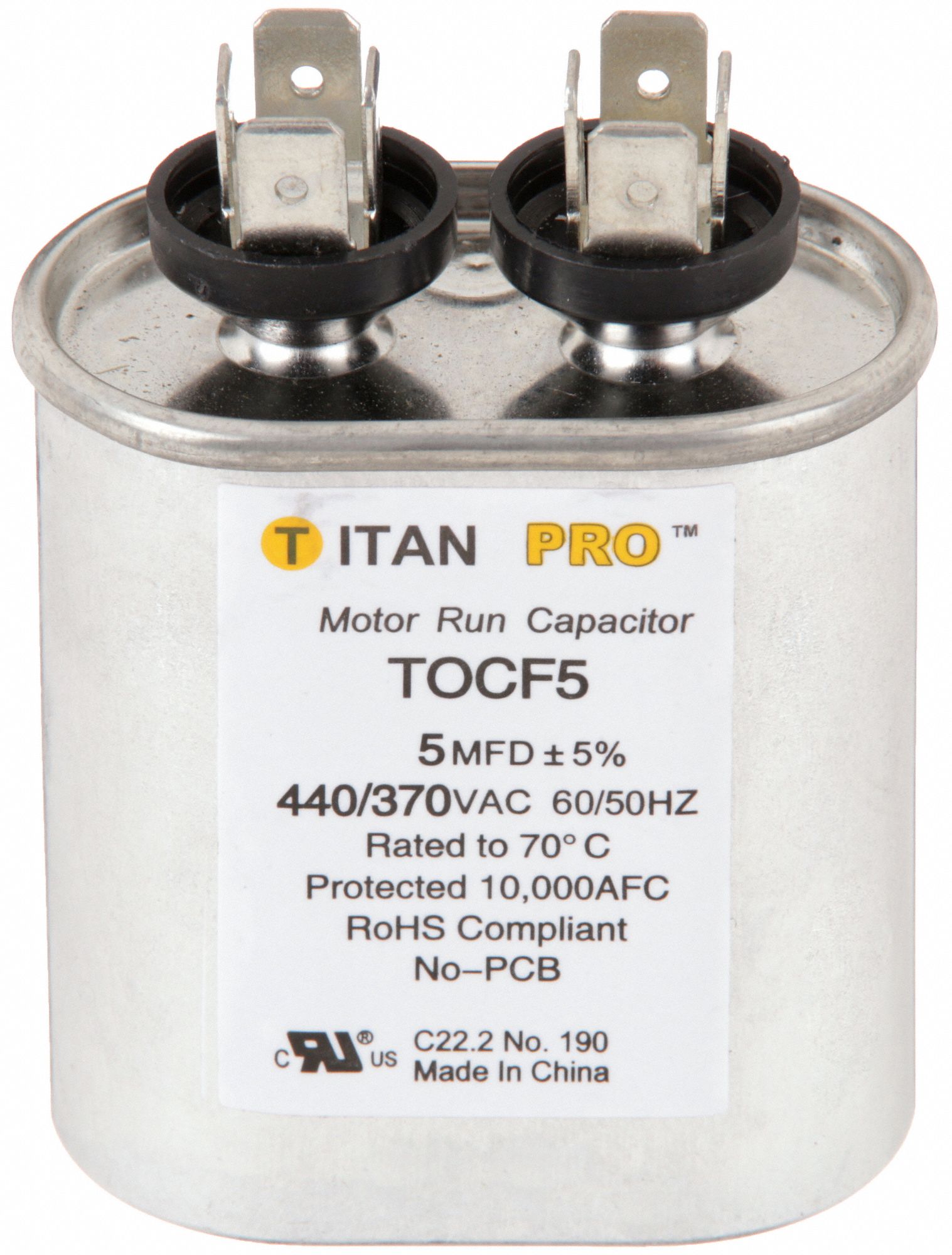 MOTOR RUN CAPACITOR,5 MFD,2-3/4 IN. H