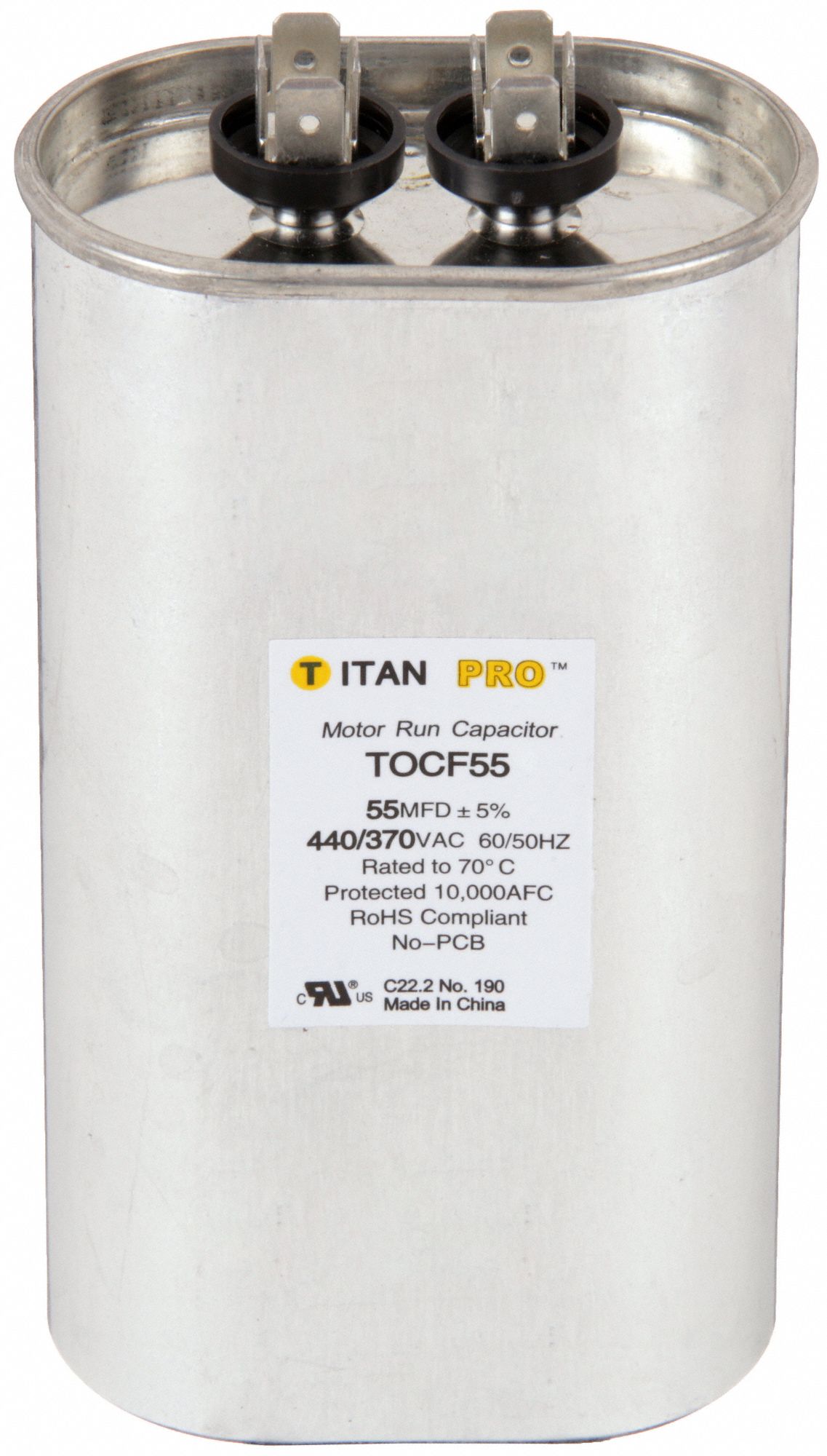 Motor Run Capacitor: Oval, 440/370V AC, 55 MFD, 5 1/2 in Overall Ht, -40°C Op Temp - Min