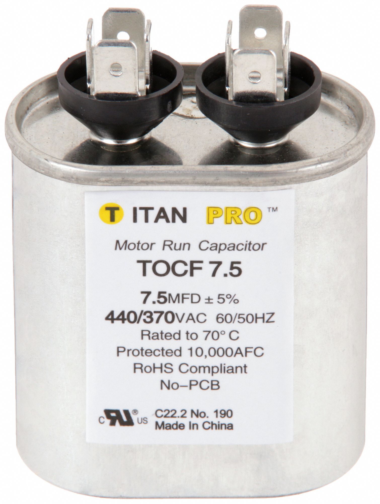 MOTOR RUN CAPACITOR,7.5 MFD,2-3/4 IN. H