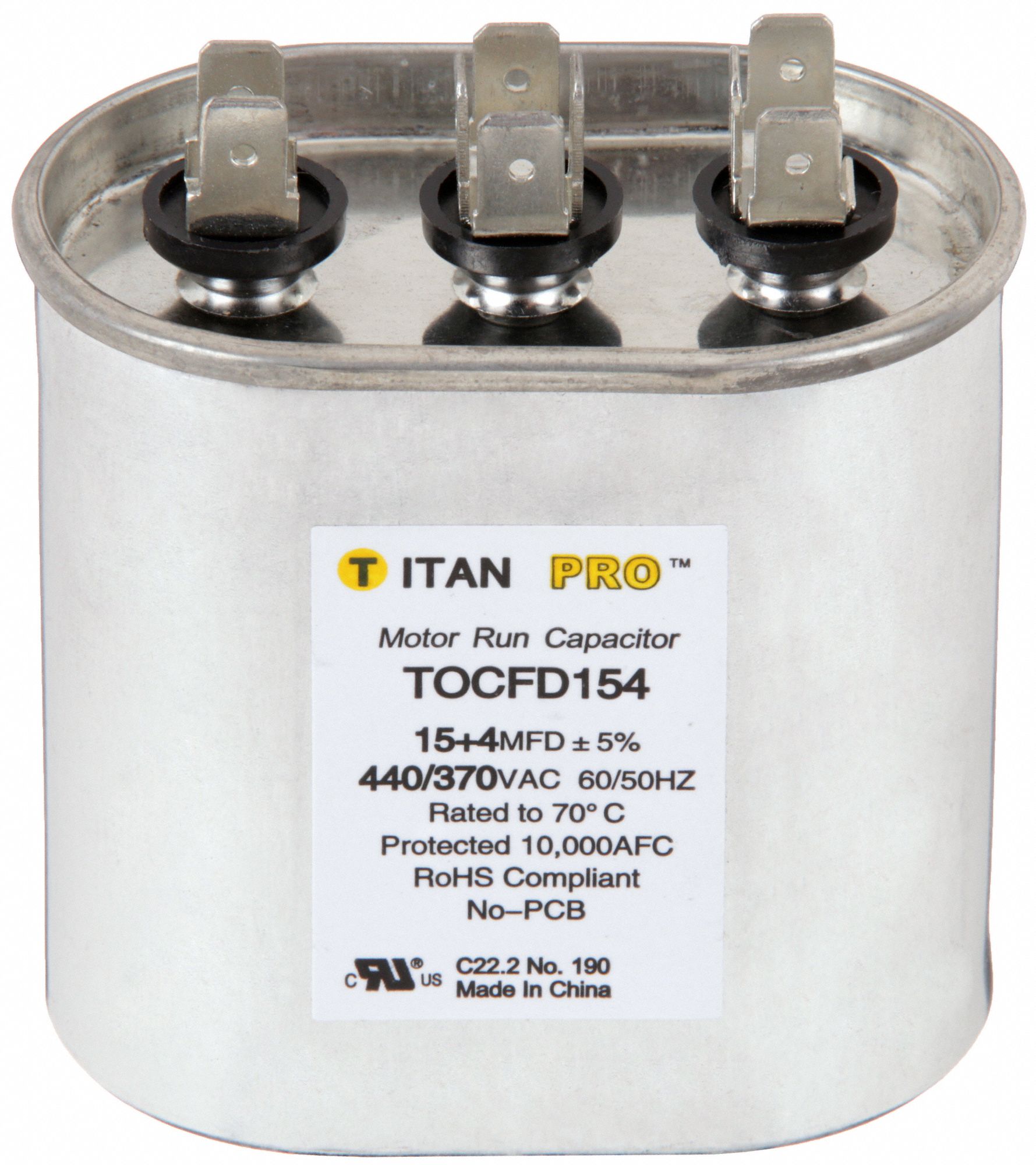 Motor Dual Run Capacitor: Oval, 440/370V AC, 15/4 MFD, 2 7/8 in Overall Ht, Aluminum