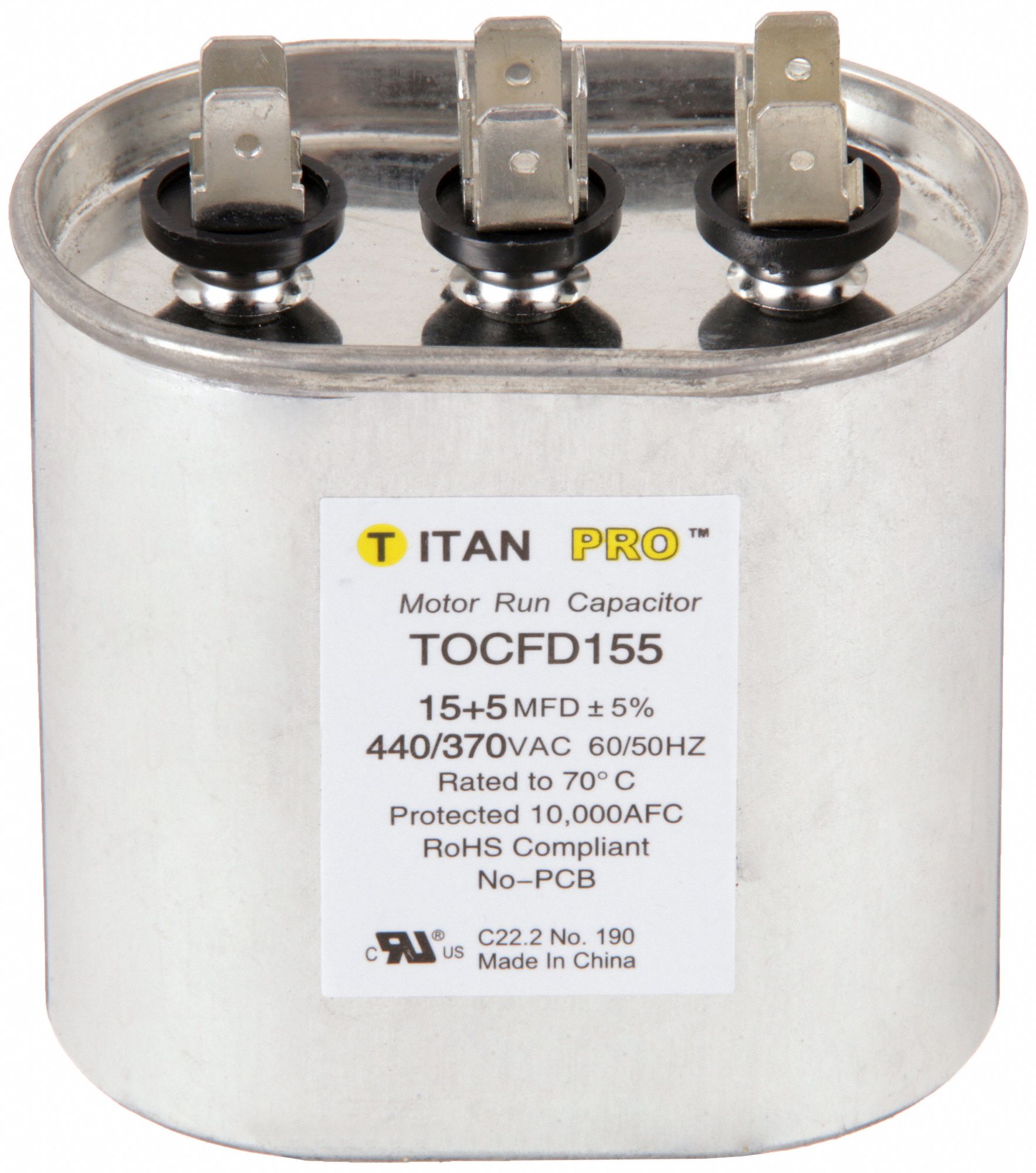 Motor Dual Run Capacitor: Oval, 440/370V AC, 15/5 MFD, 3 3/16 in Overall Ht, Aluminum