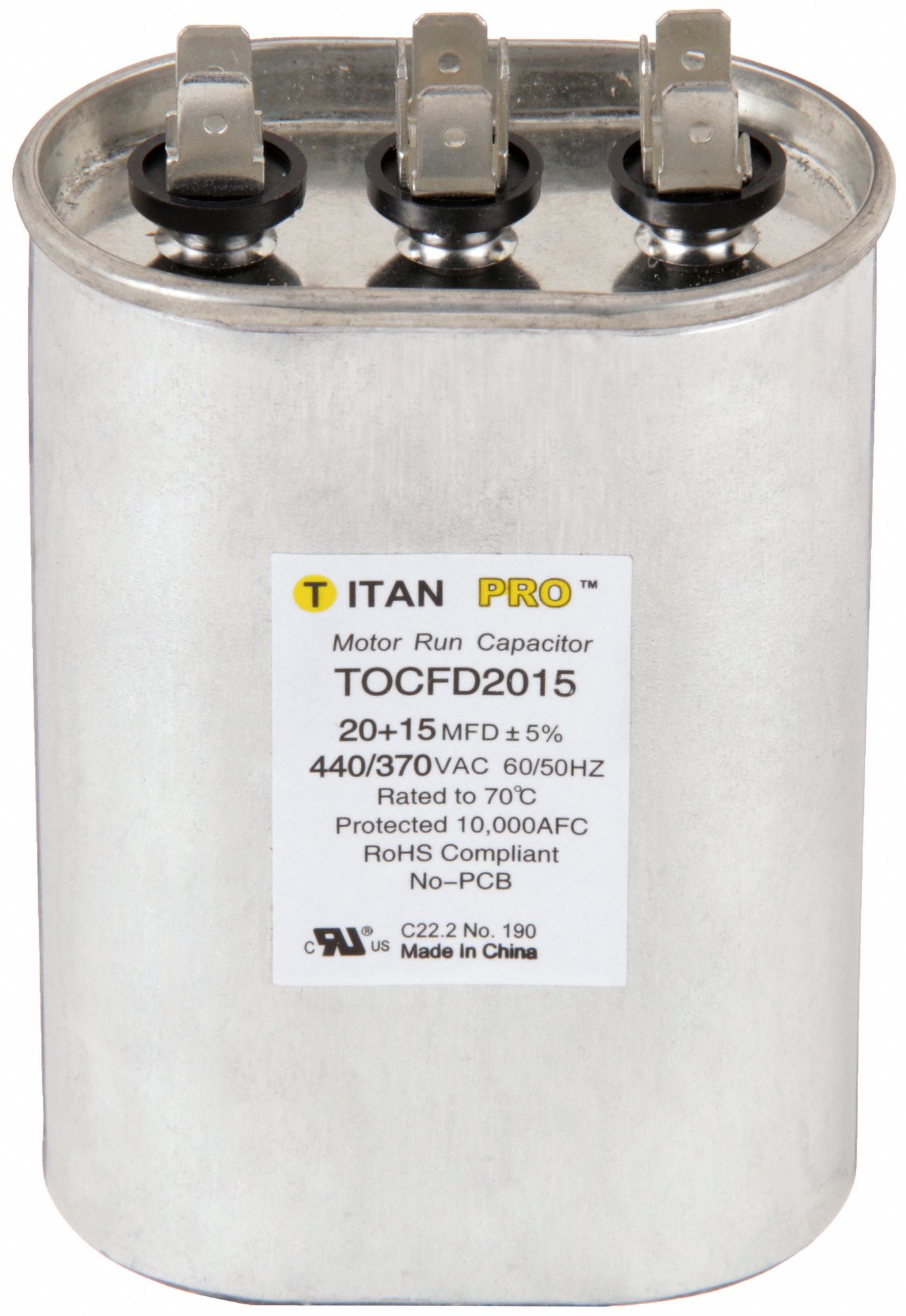 Motor Dual Run Capacitor: Oval, 440/370V AC, 20/15 MFD, 4 3/8 in Overall Ht, Aluminum