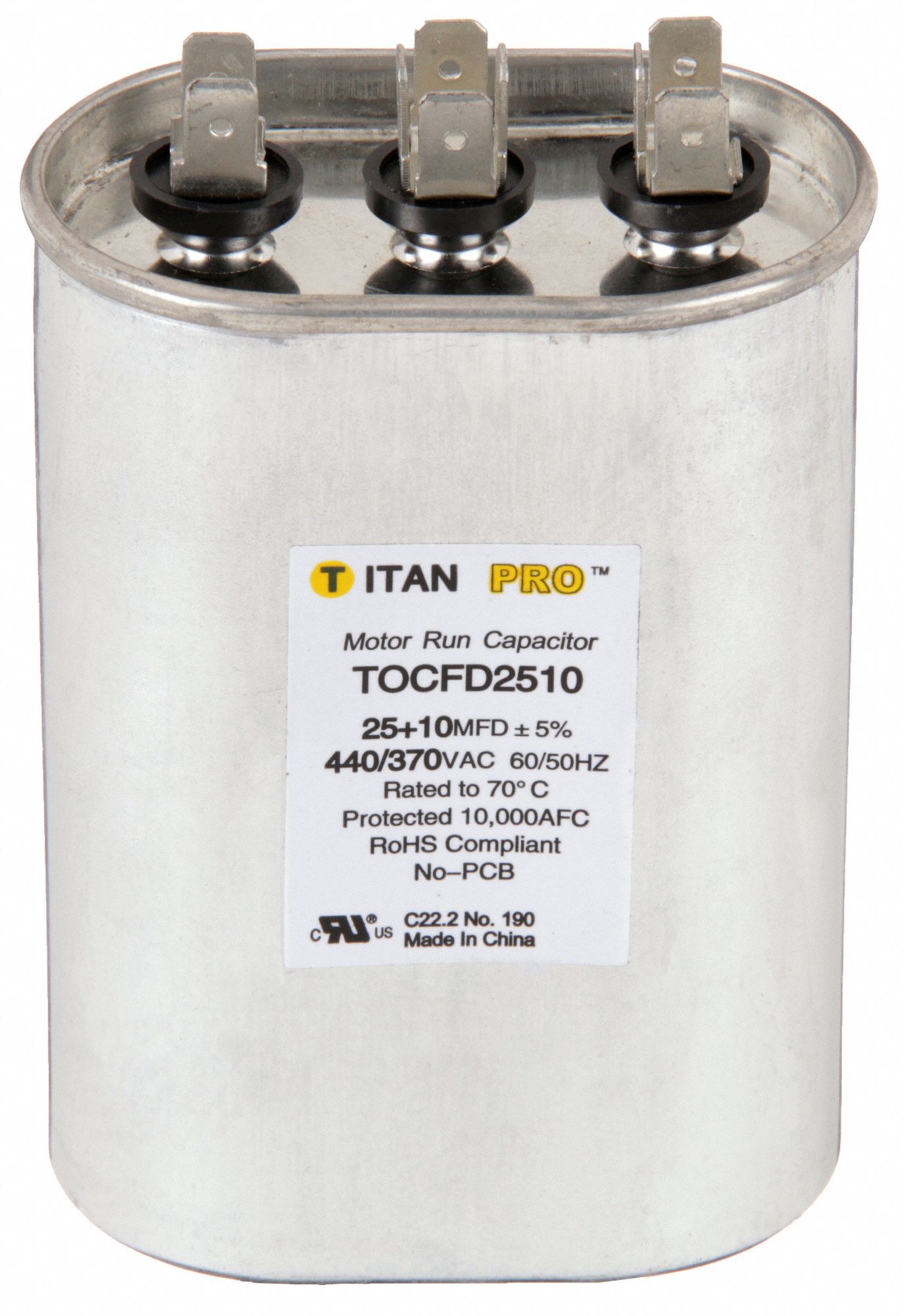 Motor Dual Run Capacitor: Oval, 440/370V AC, 25/10 MFD, 4 3/8 in Overall Ht, Aluminum