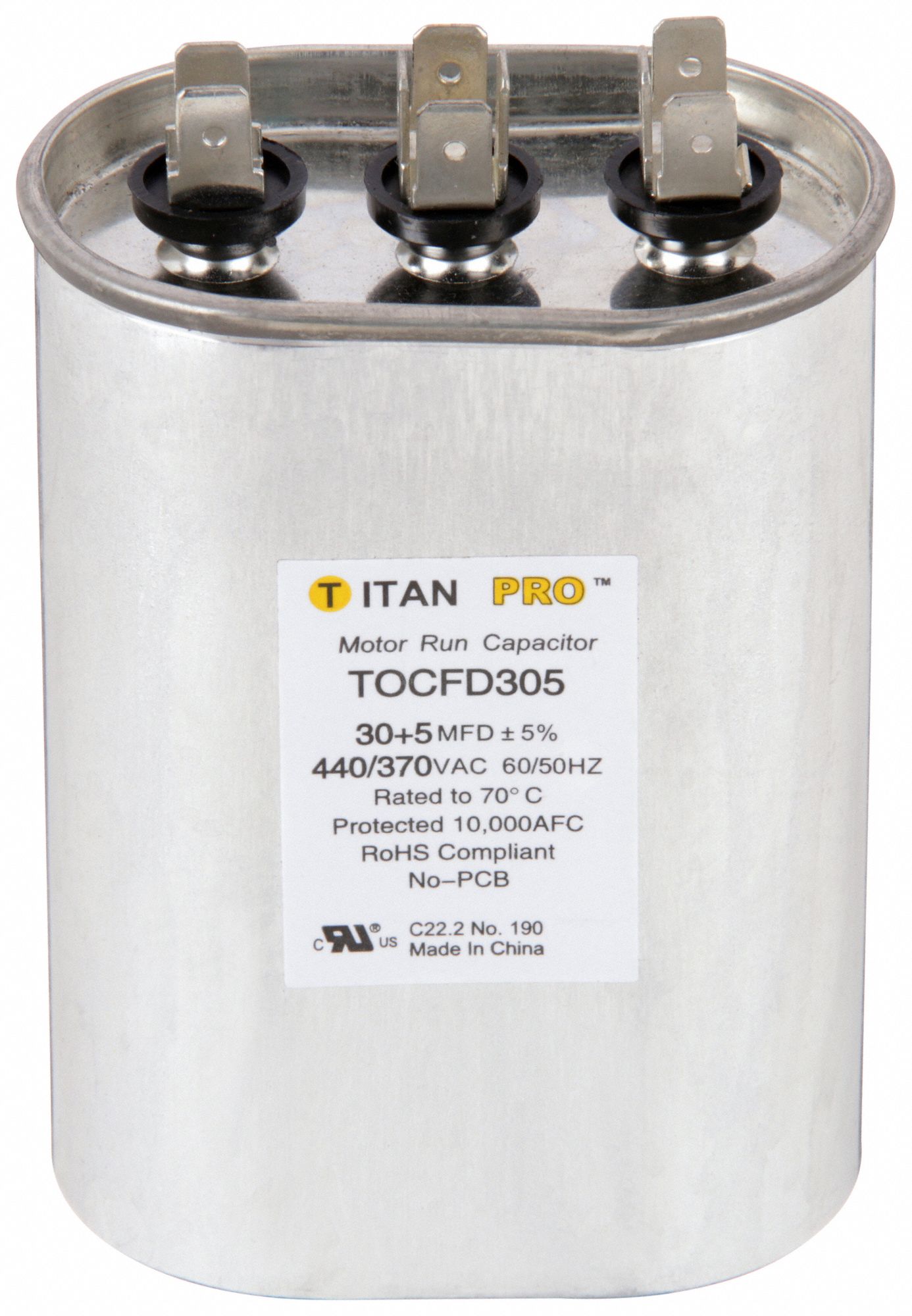 Motor Dual Run Capacitor: Oval, 440/370V AC, 30/5 MFD, 4 3/8 in Overall Ht, Aluminum
