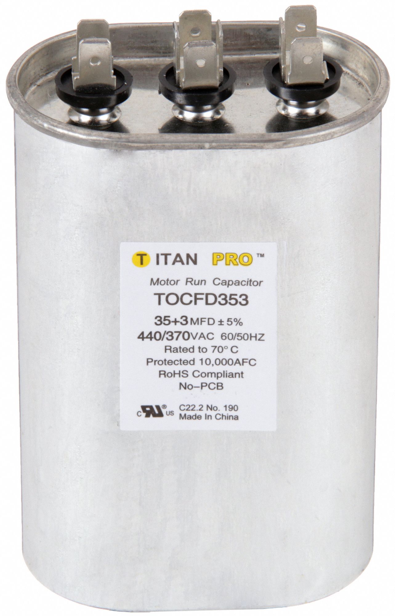 Motor Dual Run Capacitor: Oval, 440/370V AC, 35/3 MFD, 4 3/4 in Overall Ht, Aluminum