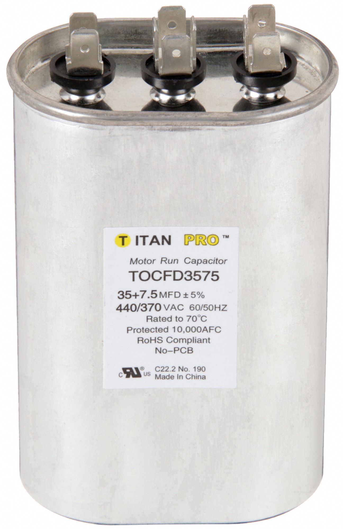 Motor Dual Run Capacitor: Oval, 440/370V AC, 35/7.5 MFD, 4 3/4 in Overall Ht, Aluminum