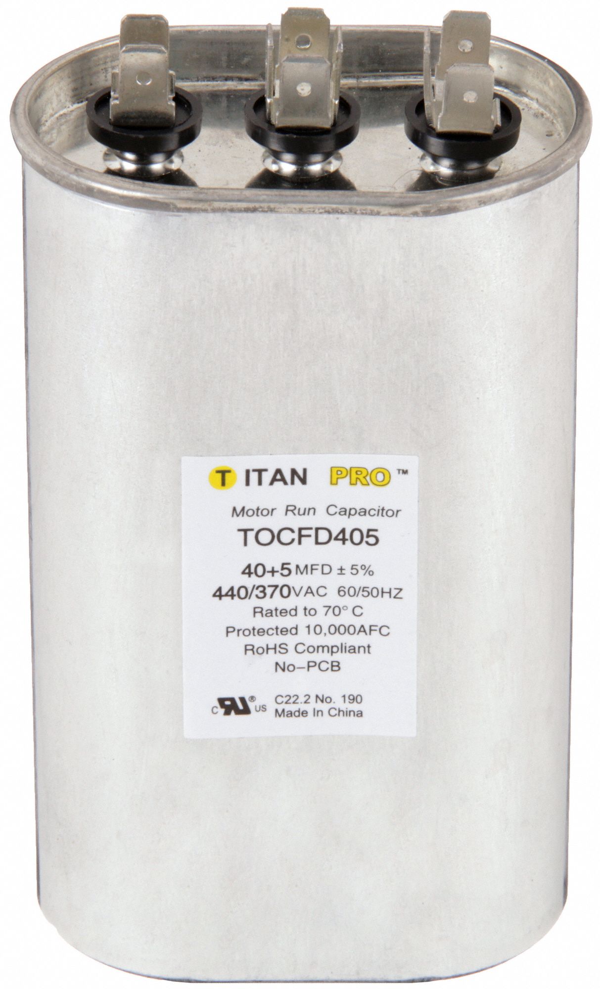 Motor Dual Run Capacitor: Oval, 440/370V AC, 40/5 MFD, 5 5/32 in Overall Ht, Aluminum