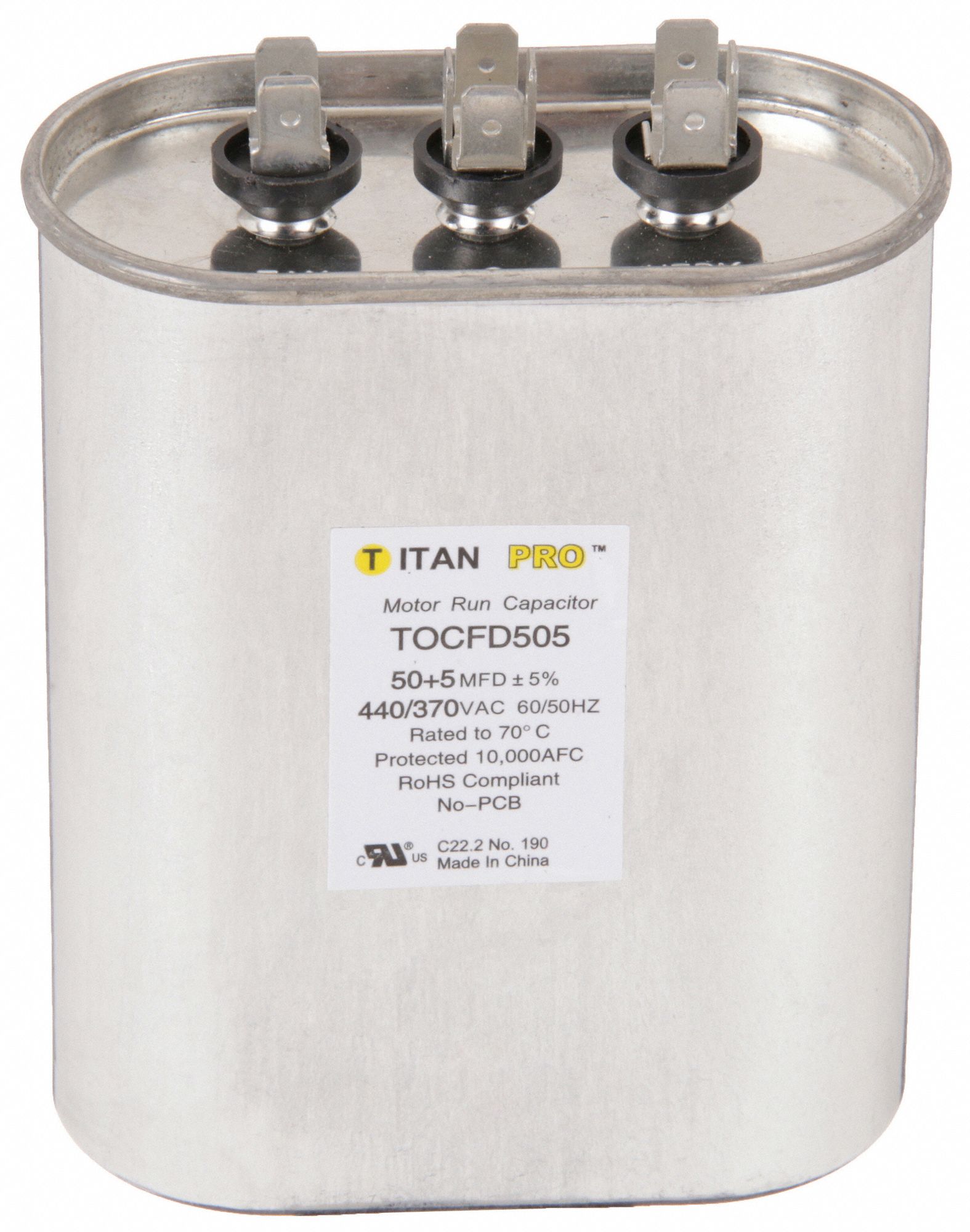 Motor Dual Run Capacitor: Oval, 440/370V AC, 50/5 MFD, 4 7/8 in Overall Ht, Aluminum