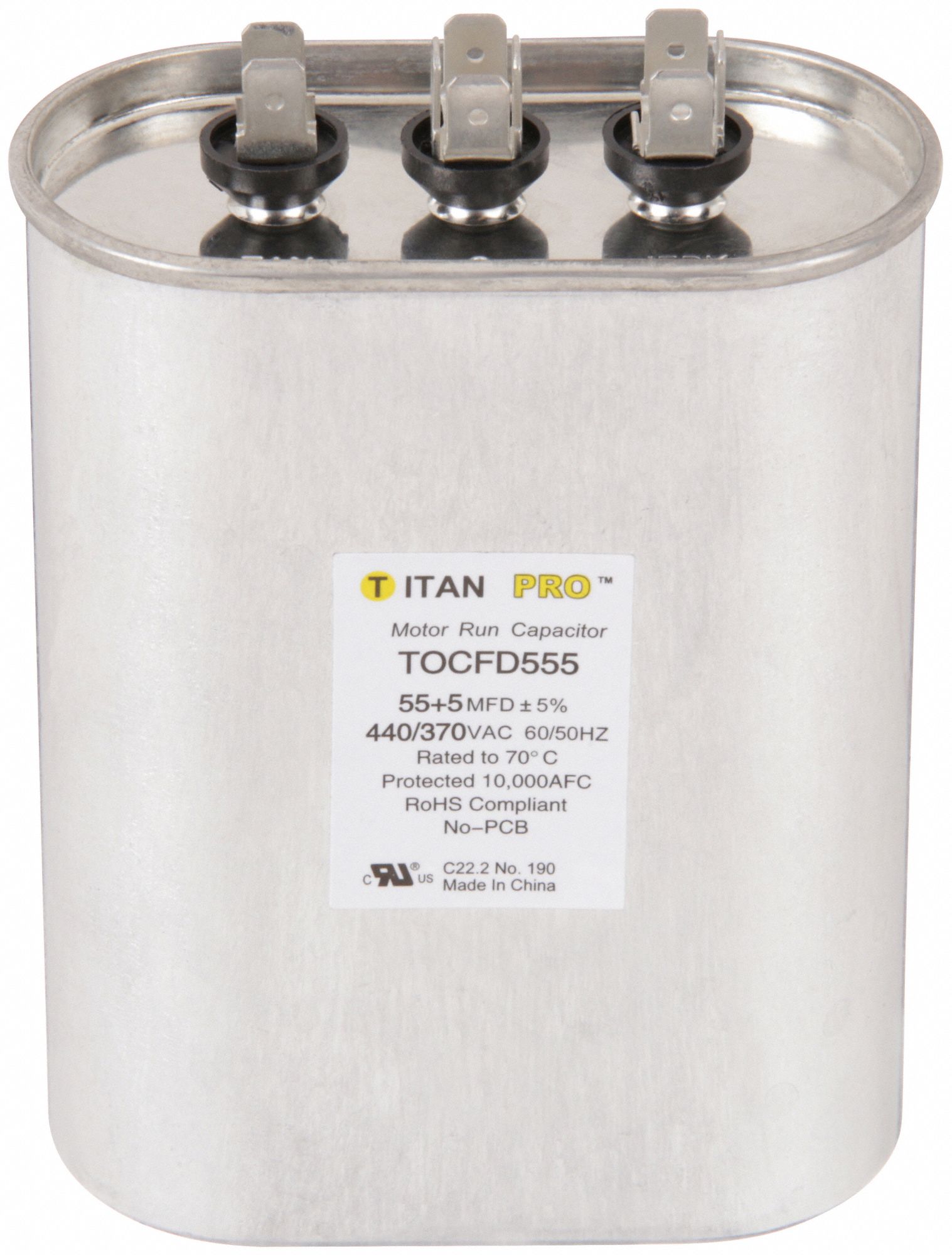 Motor Dual Run Capacitor: Oval, 440/370V AC, 55/5 MFD, 5 in Overall Ht, 70°C Op Temp - Max