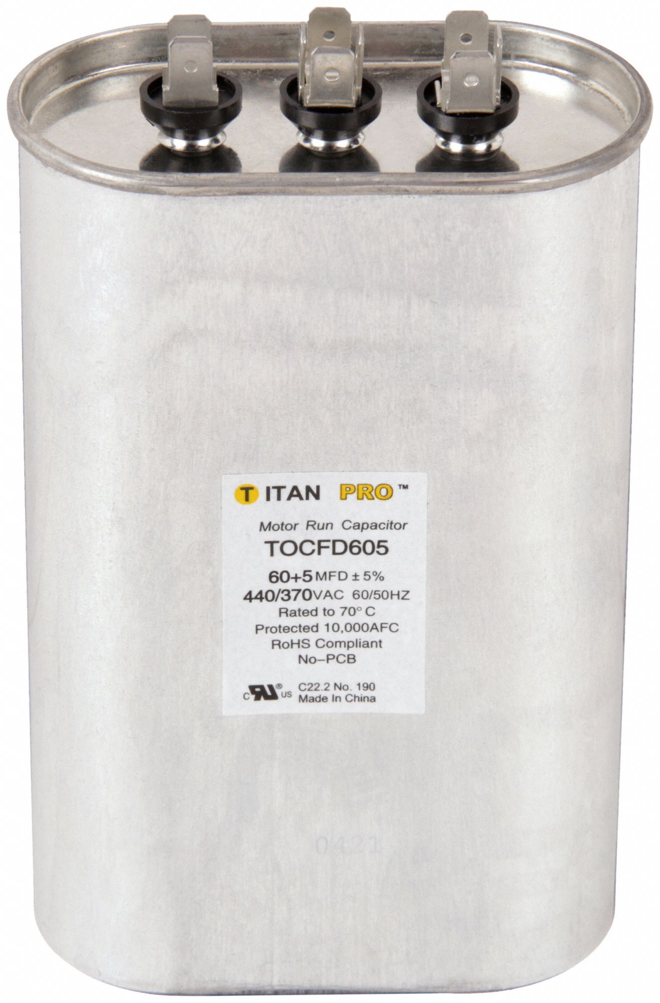 Motor Dual Run Capacitor: Oval, 440/370V AC, 60/5 MFD, 6 in Overall Ht, 70°C Op Temp - Max