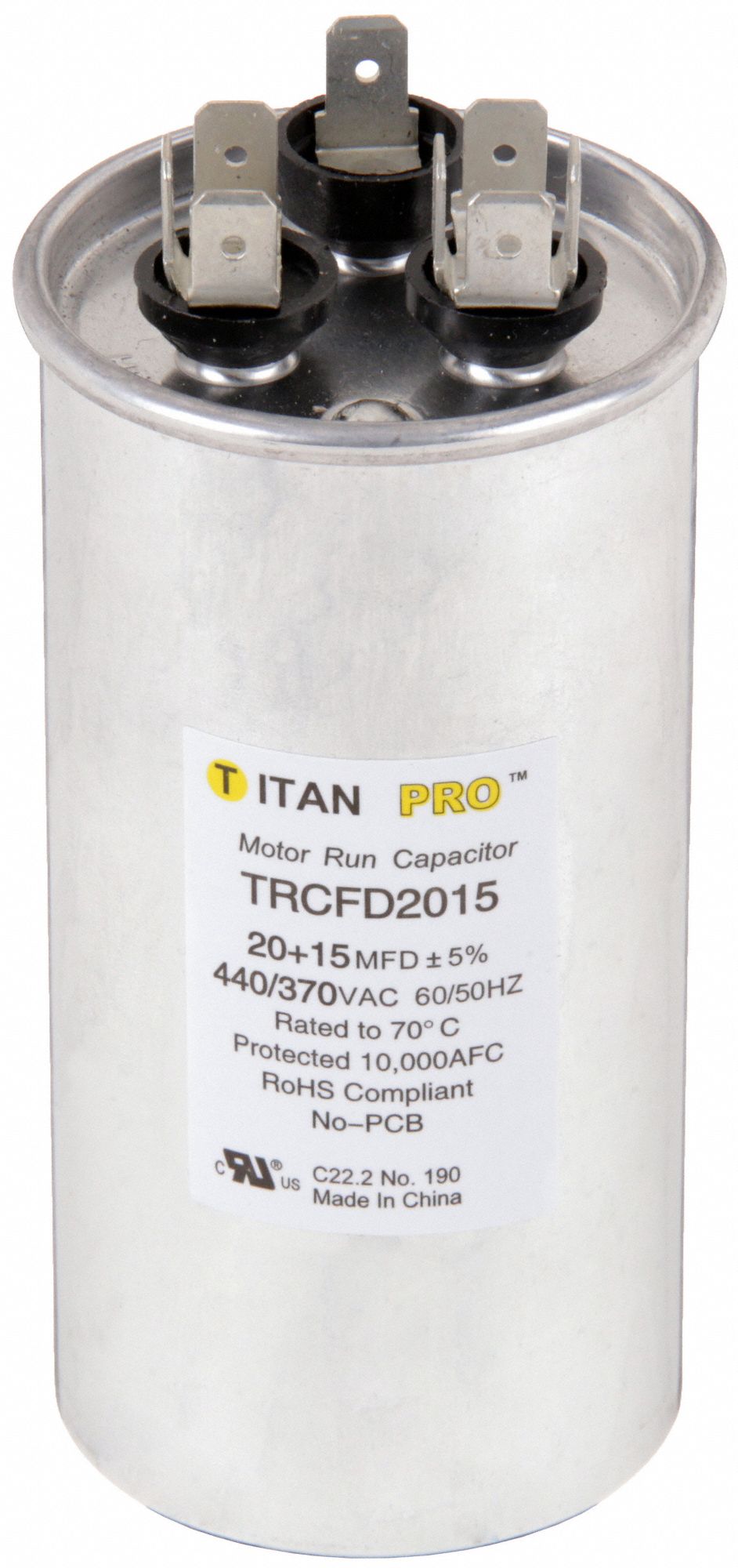 Motor Dual Run Capacitor: Round, 440/370V AC, 20/15 MFD, 1 31/32 in Overall Dia, Aluminum