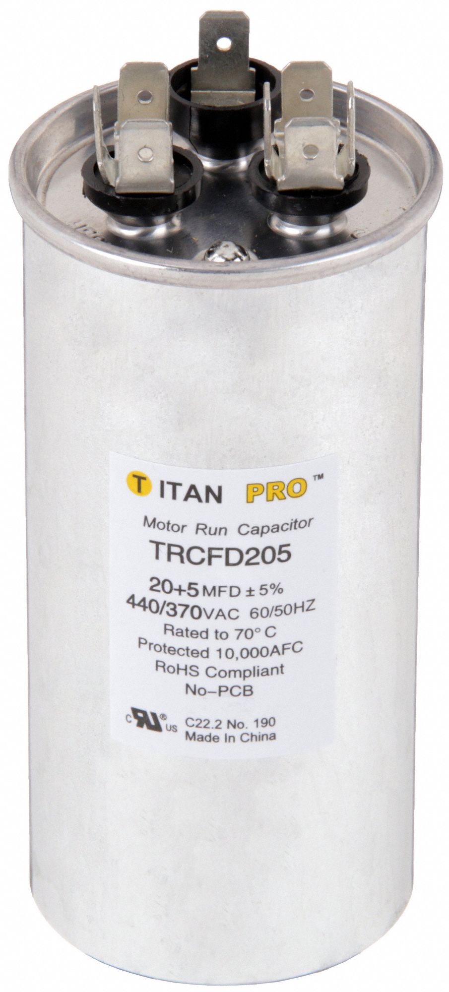 Motor Dual Run Capacitor: Round, 440/370V AC, 20/5 MFD, 1 31/32 in Overall Dia, Aluminum