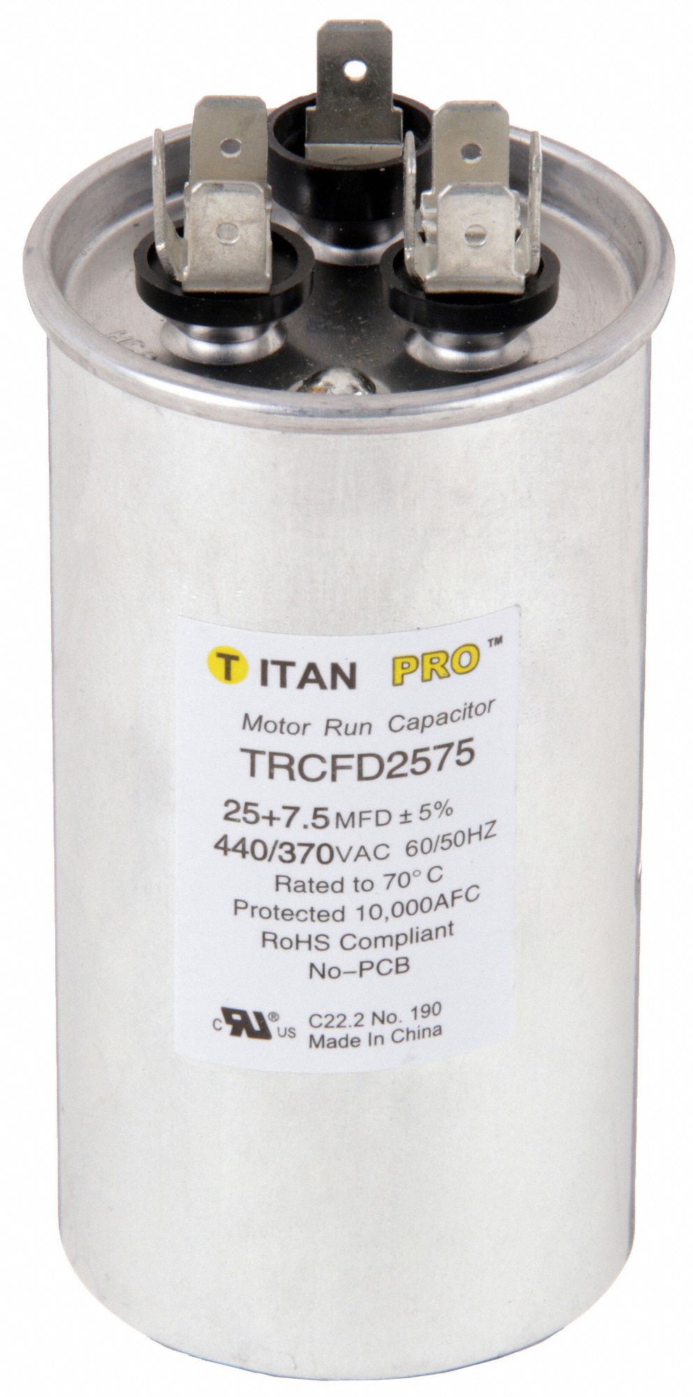Motor Dual Run Capacitor: Round, 440/370V AC, 25/7.5 MFD, 1 31/32 in Overall Dia, Aluminum
