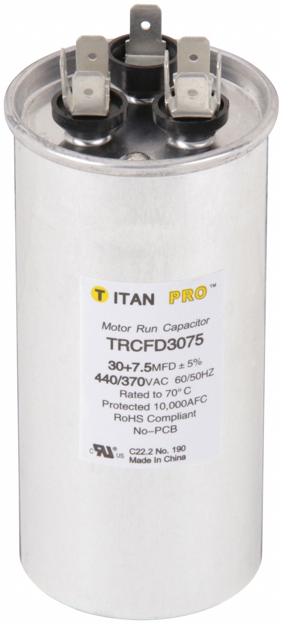 Motor Dual Run Capacitor: Round, 440/370V AC, 30/7.5 MFD, 1 31/32 in Overall Dia, Aluminum