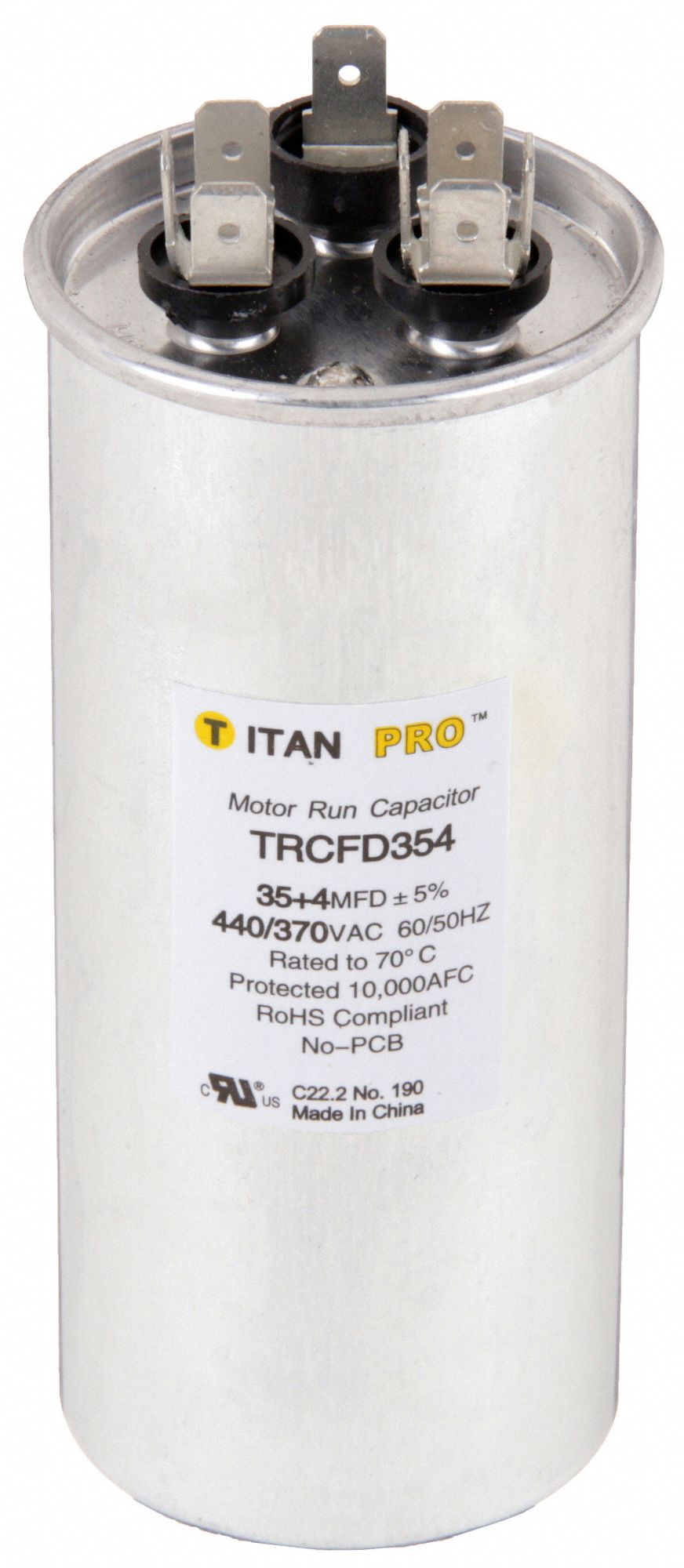 Motor Dual Run Capacitor: Round, 440/370V AC, 35/4 MFD, 1 31/32 in Overall Dia, Aluminum