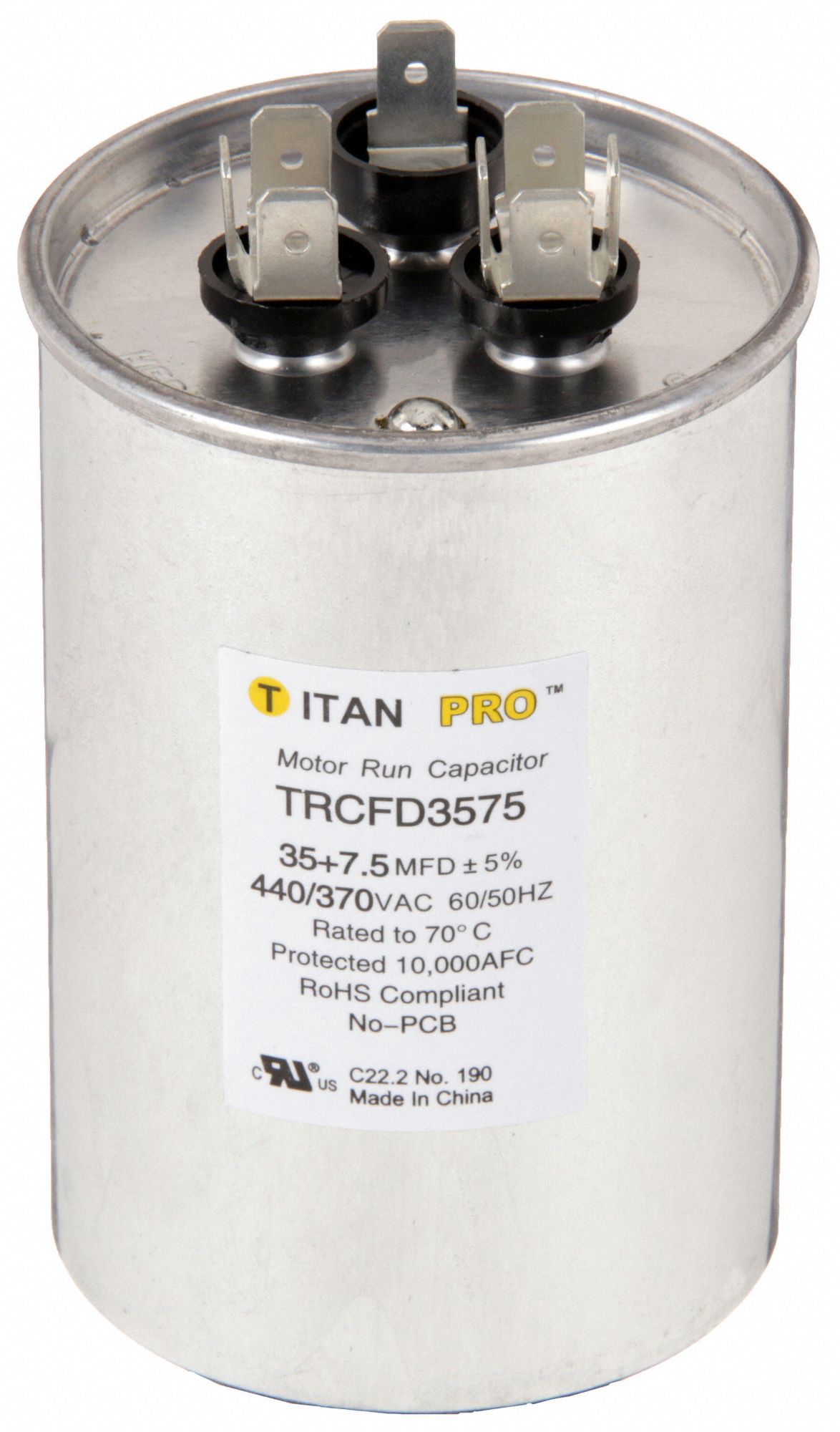 Motor Dual Run Capacitor: Round, 440/370V AC, 35/7.5 MFD, 2 3/8 in Overall Dia, Aluminum