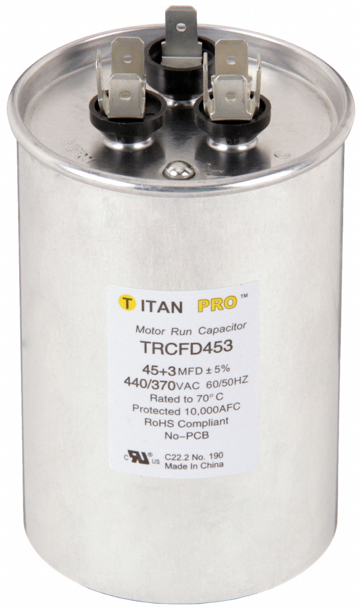 Motor Dual Run Capacitor: Round, 440/370V AC, 45/3 MFD, 2 1/2 in Overall Dia, Aluminum