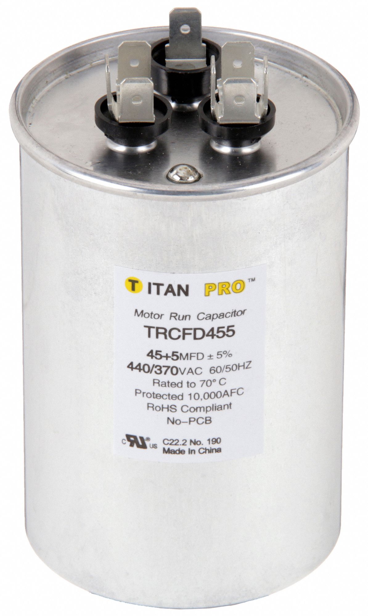 TITAN PRO Motor Dual Run Capacitor: Round, 440/370V AC, 45/5 mfd, 4 1/4 in  Overall Ht