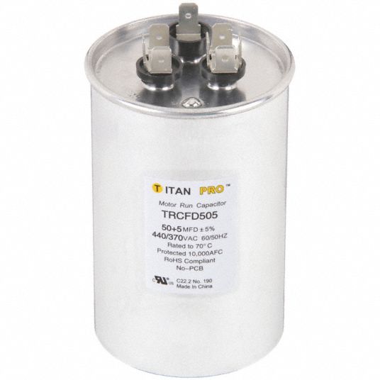 TITAN PRO Motor Dual Run Capacitor: Round, 440/370V AC, 50/5 mfd, 4 7/16 in  Overall Ht