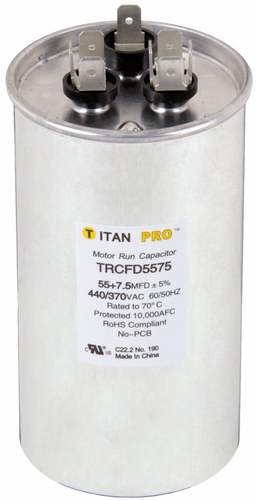 Motor Dual Run Capacitor: Round, 440/370V AC, 55/7.5 MFD, 2 3/8 in Overall Dia, Aluminum