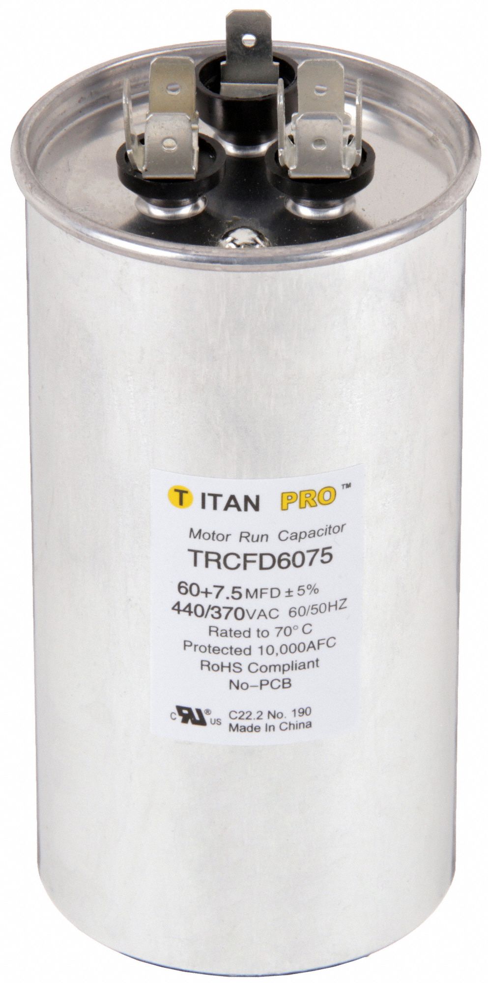 Motor Dual Run Capacitor: Round, 440/370V AC, 60/7.5 MFD, 2 3/8 in Overall Dia, Aluminum