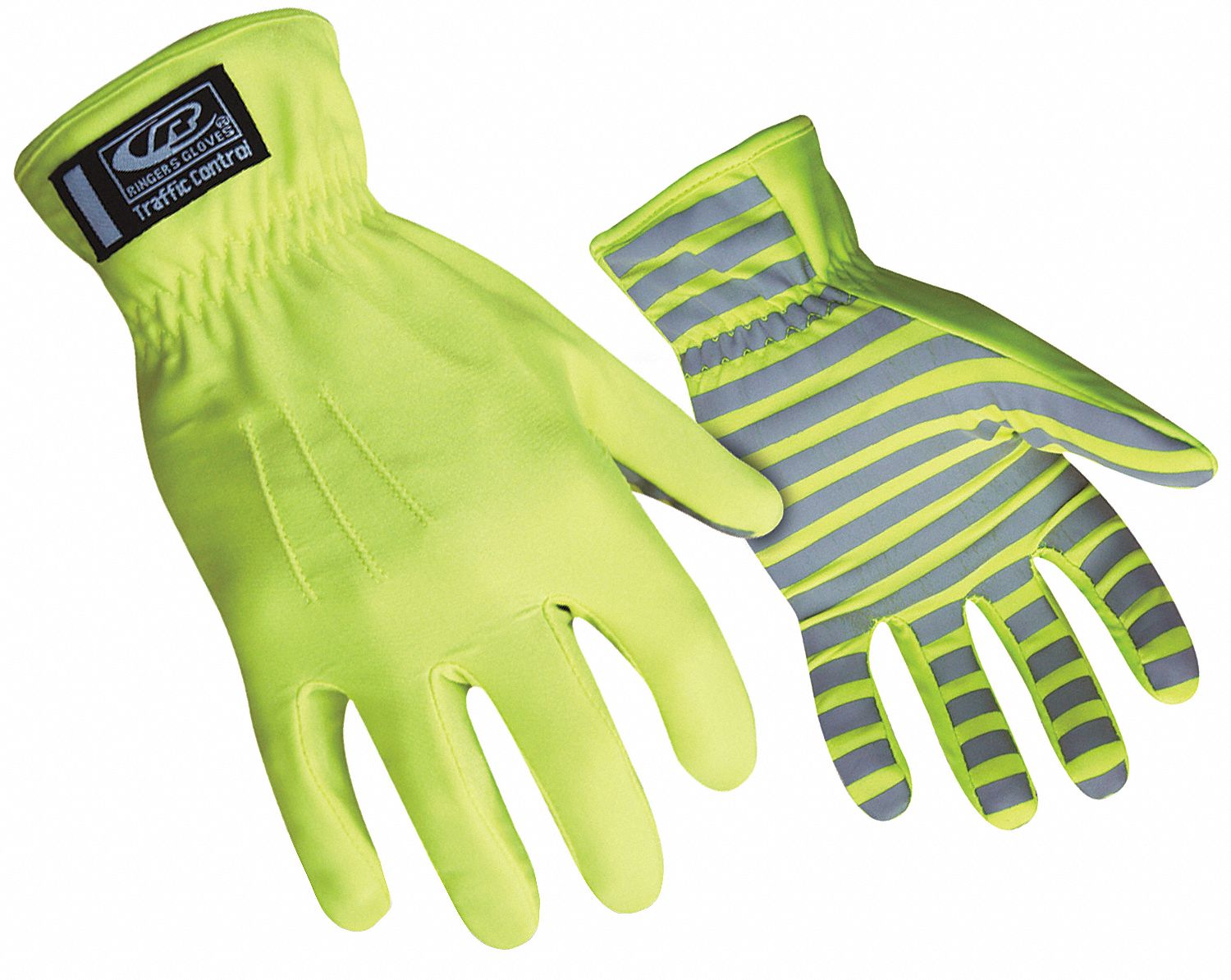 R307 TRAFFIC CONTROL GLOVES, 6, HI-VIS GRN, SLIP-ON CUFF, SPANDEX, CUT/SEWN, REFLECTIVE