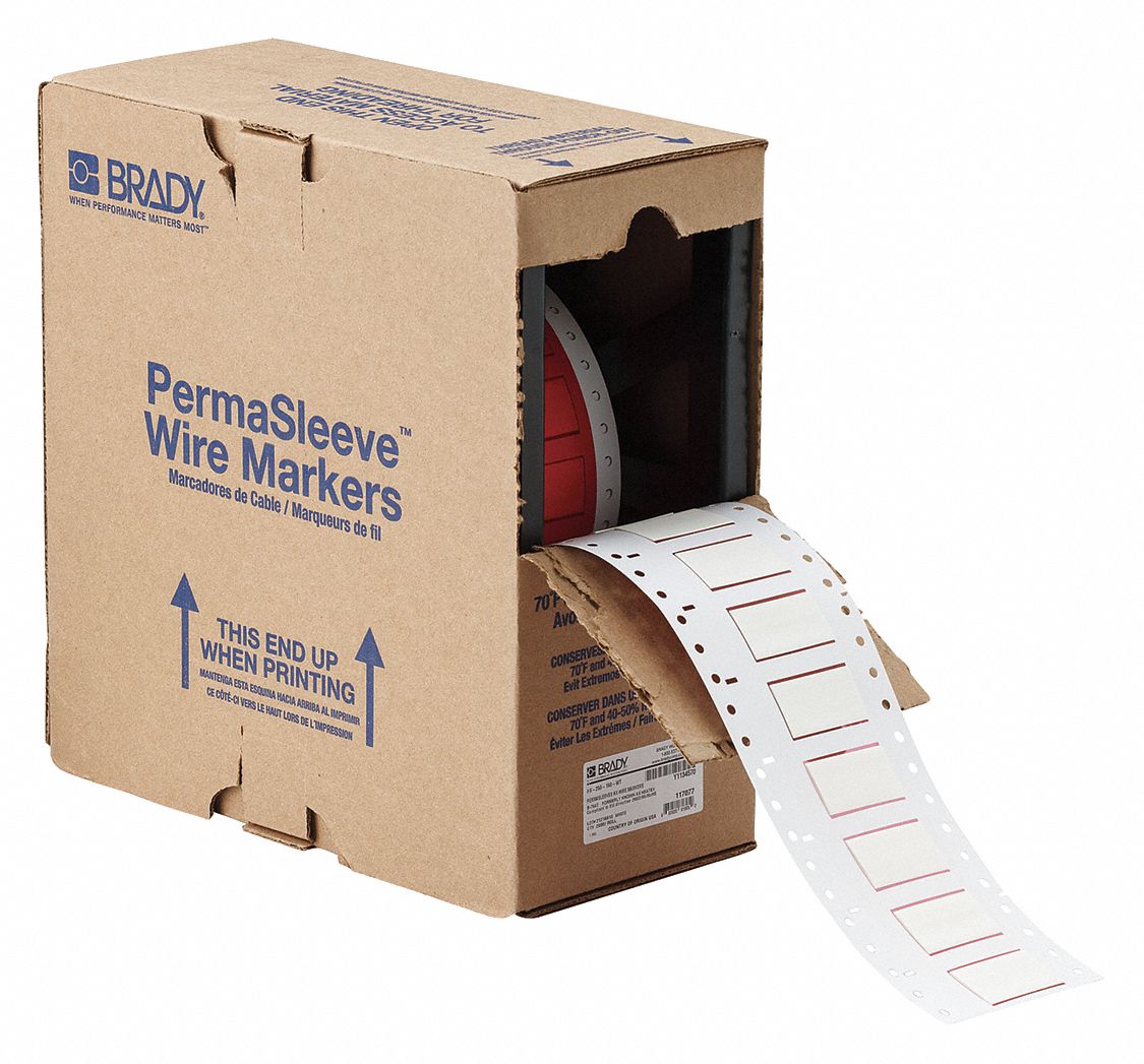 Sleeve Label: 1/2 in x 1 1/2 in, Polyolefin, White (Matte), For 1 AWG to 6 AWG Wire Gauge