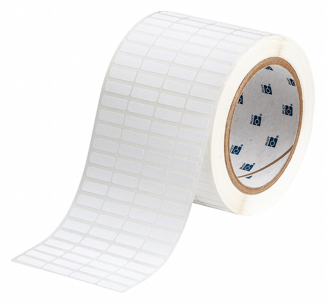 Pre-Cut Label Stock Roll: 1/4 in x 3/4 in, 3 11/32 in x 1/4 in, Polyester, Permanent Adhesive