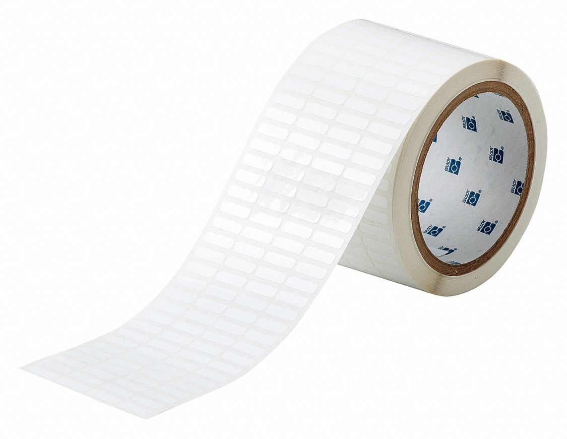 Pre-Cut Label Stock Roll: 13/64 in x 21/32 in, 2 61/64 in x 13/64 in, Polyester, White (Gloss)