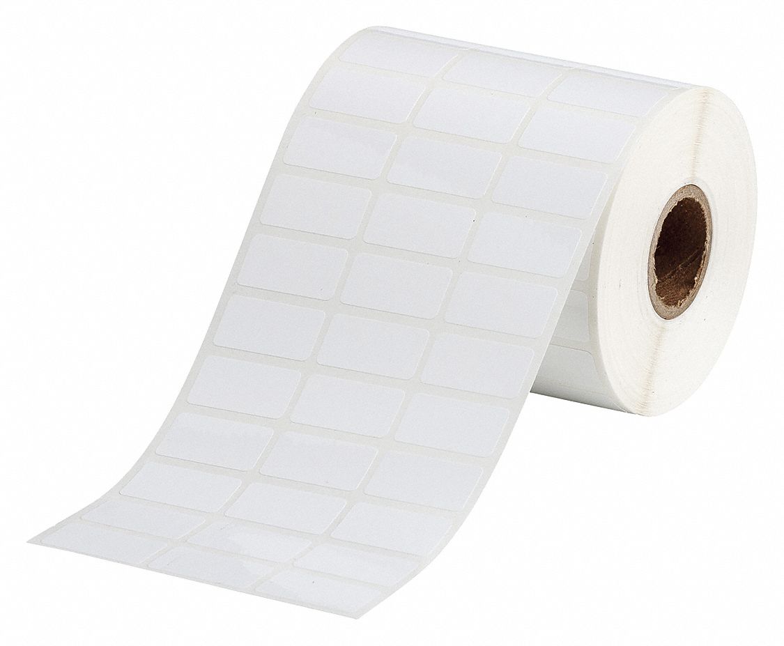 Pre-Cut Label Stock Roll: 1/2 in x 1 in, Acrylic, Aggressive Adhesive/Permanent Adhesive