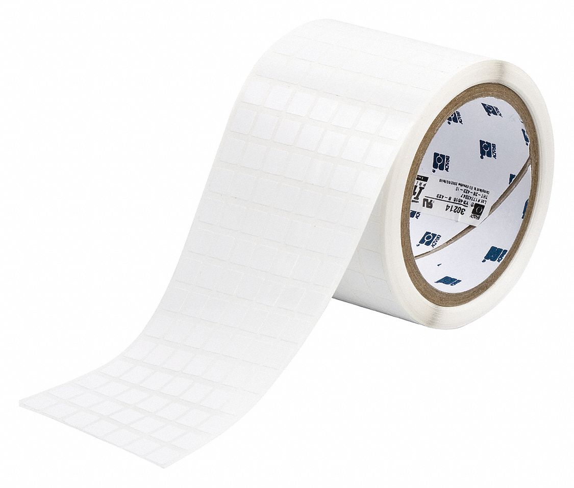 Pre-Cut Label Stock Roll: 3/8 in x 3/8 in, 3 13/64 in x 3/8 in, Polyimide, White (Gloss)